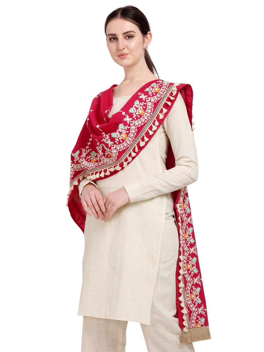 Premium Red Floral Embroidered Stole With Cotton Tassels Lace _MF7006