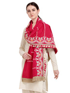 Premium Red Floral Embroidered Stole With Cotton Tassels Lace _MF7006