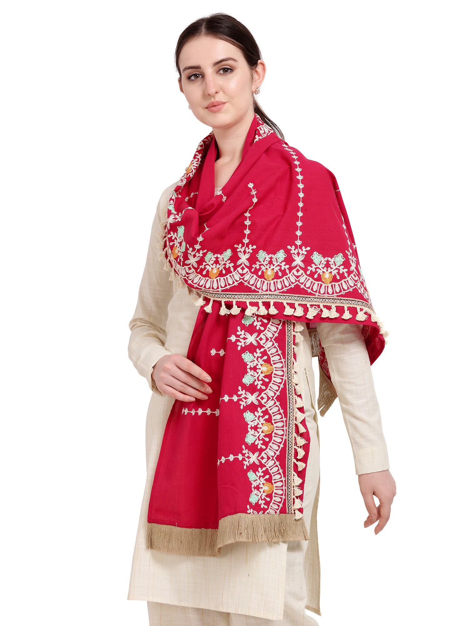 Premium Red Floral Embroidered Stole With Cotton Tassels Lace _MF7006