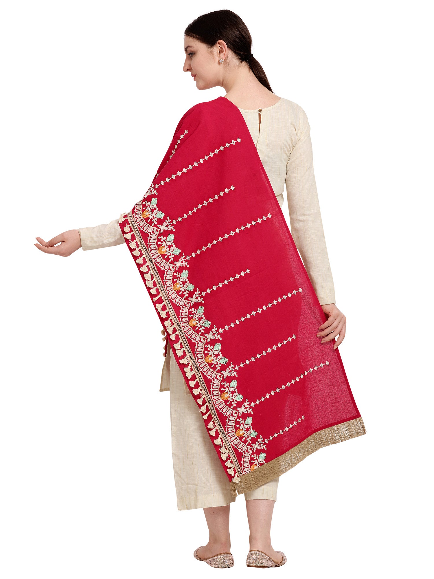 Premium Red Floral Embroidered Stole With Cotton Tassels Lace _MF7006