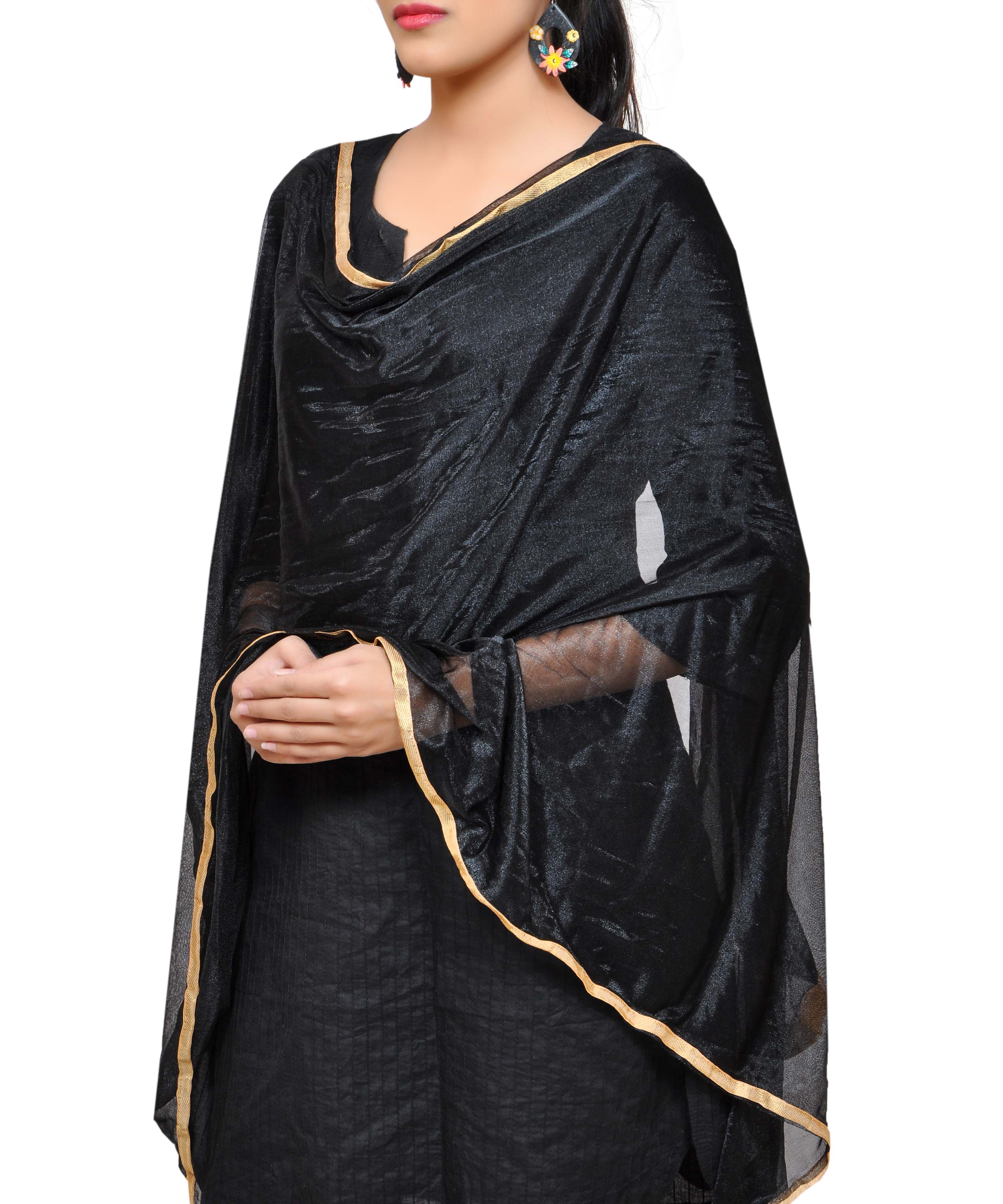 Net Lycra Plain Dupatta_Black