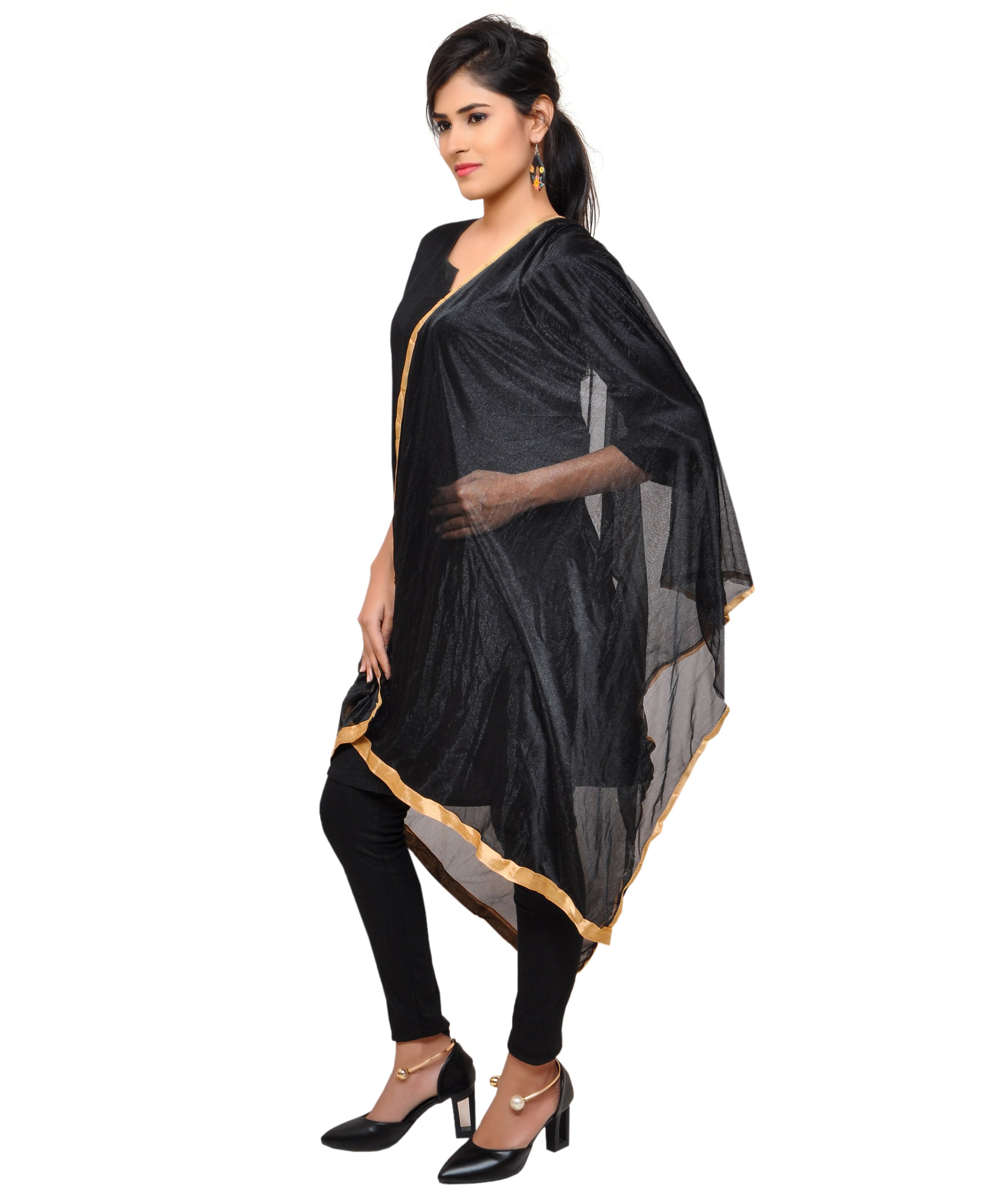 Net Lycra Plain Dupatta_Black