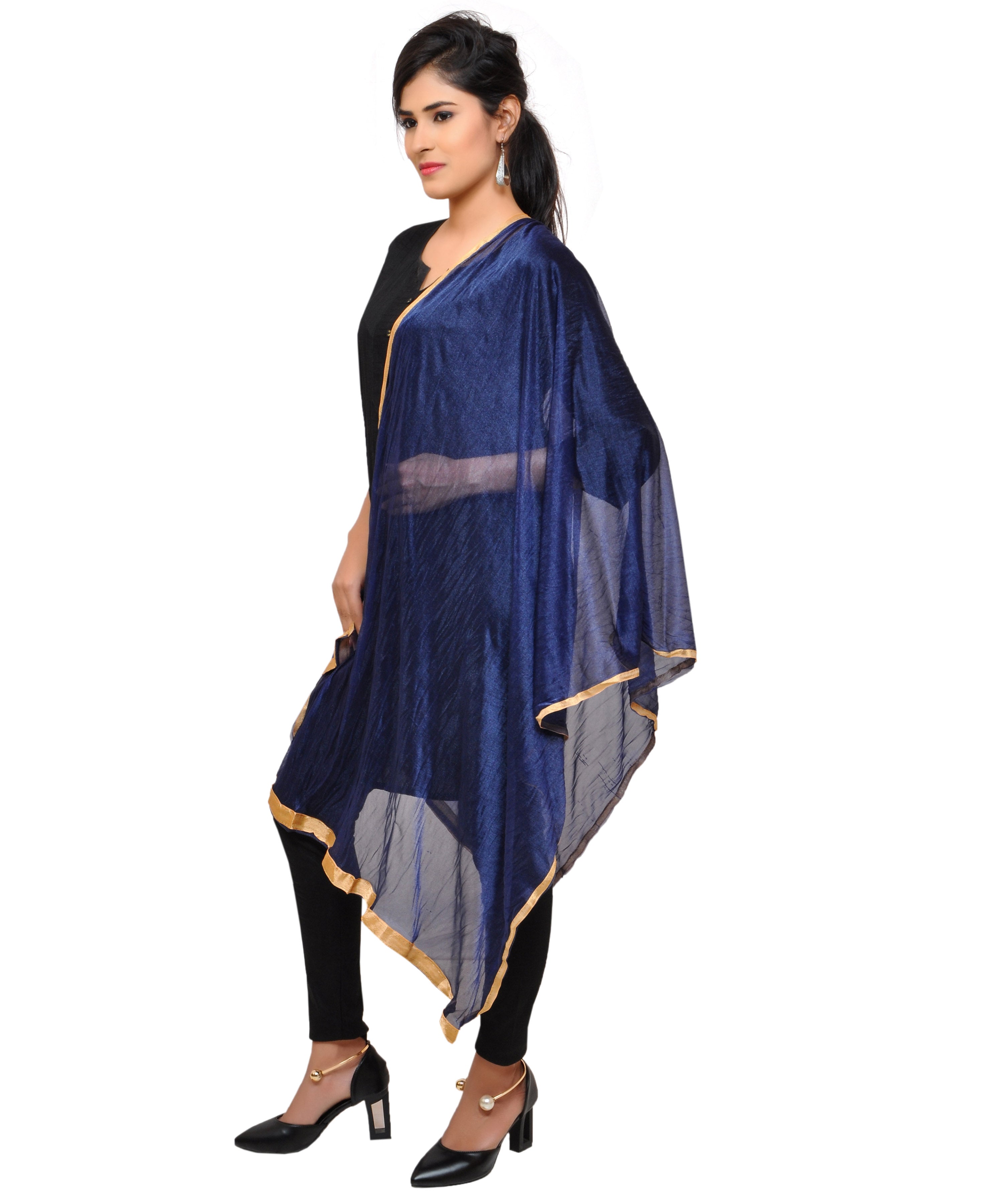 Net Lycra Plain Dupatta_Navy Blue