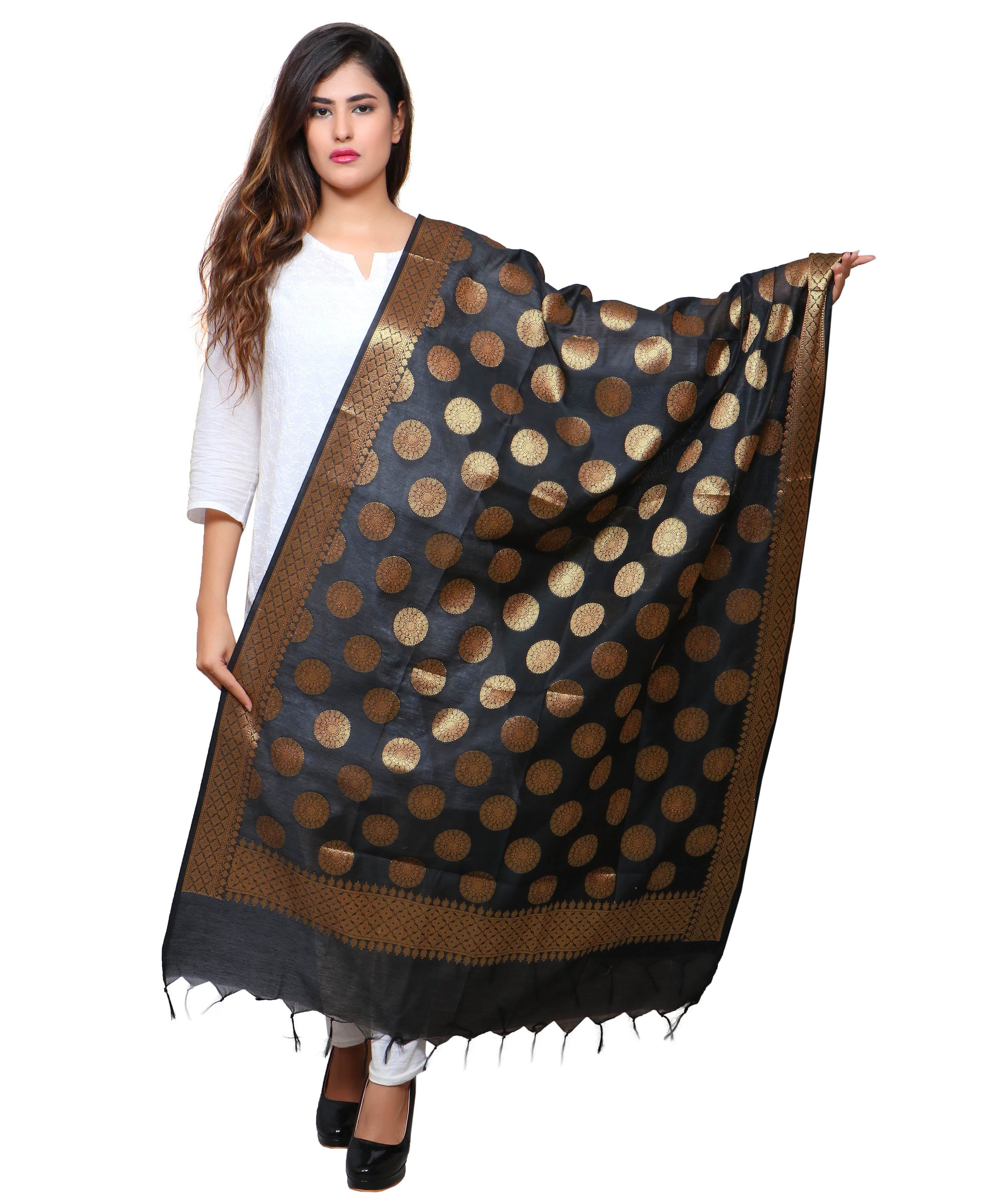 Banarasi Kora Silk Polka Dot Butti Dupatta-Black