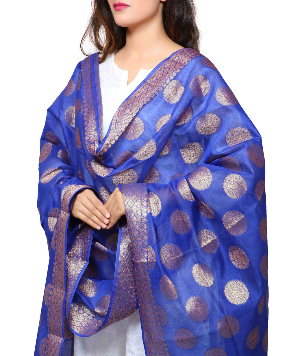 Banarasi Kora Silk Polka Dot Butti Dupatta- Blue