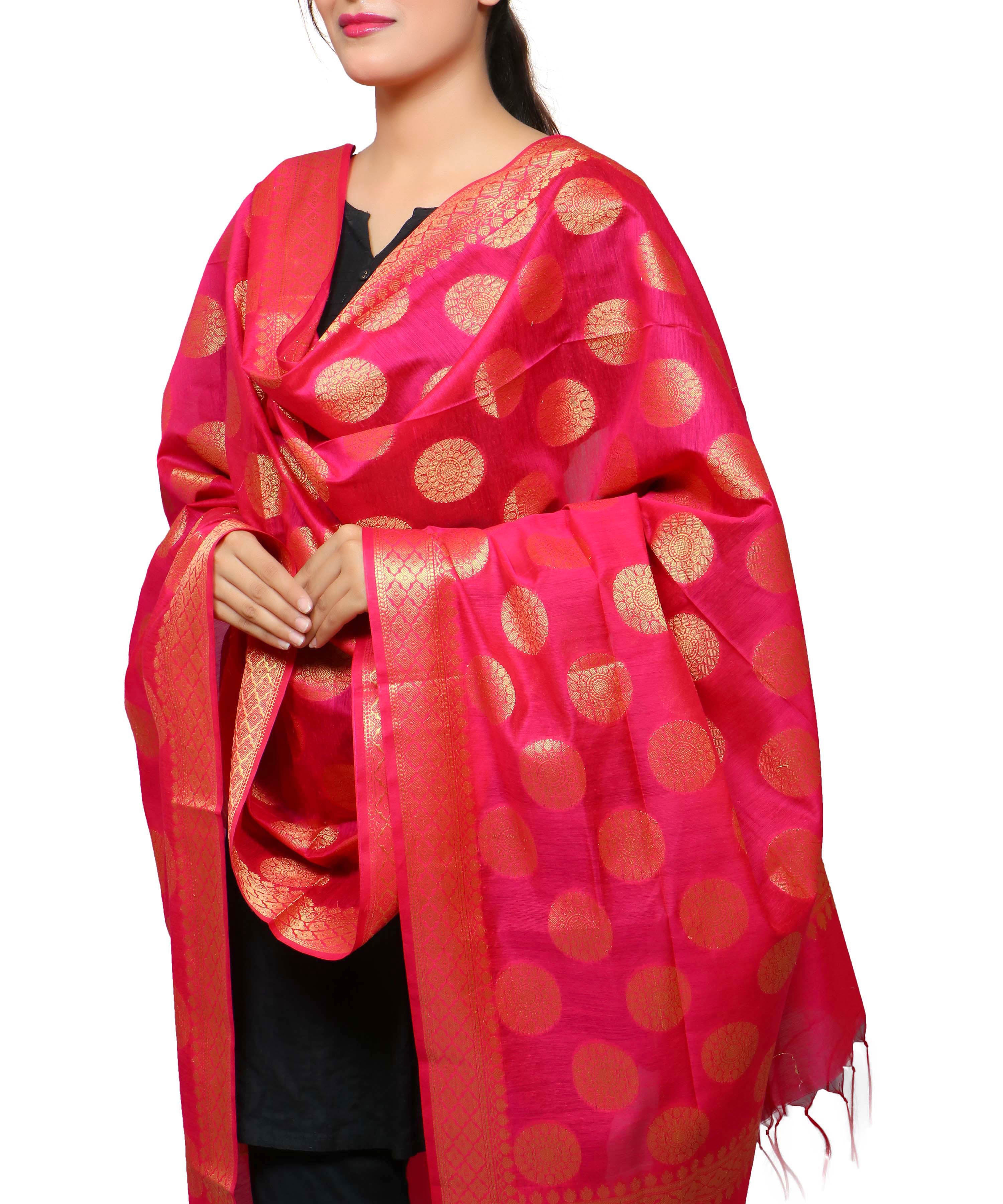 Banarasi Kora Silk Polka Dot Butti Dupatta- Pink