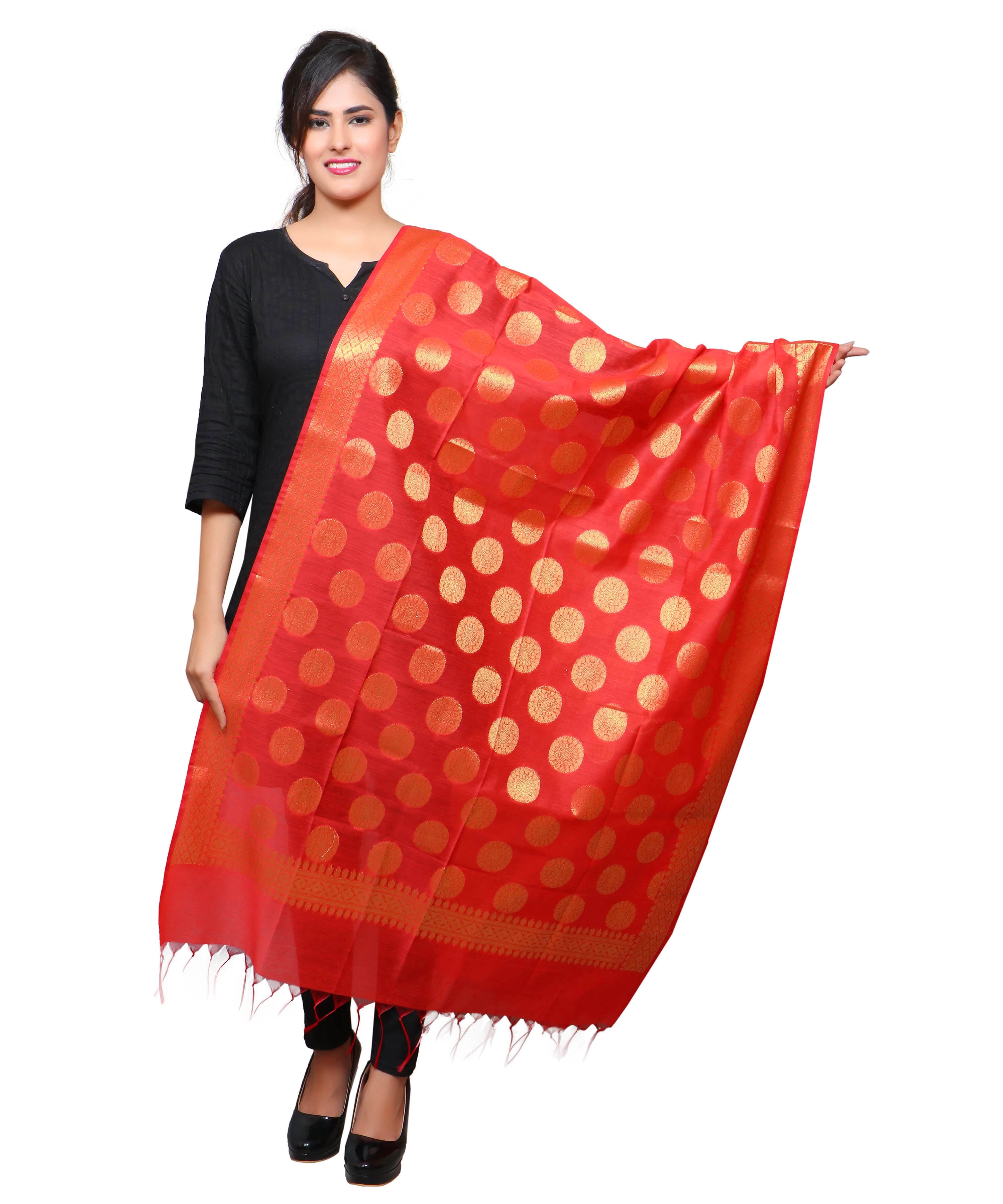 Banarasi Kora Silk Polka Dot Butti Dupatta- Red