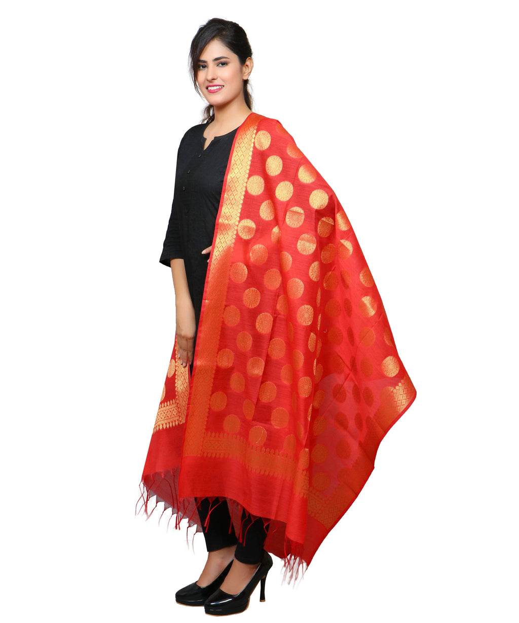 Banarasi Kora Silk Polka Dot Butti Dupatta- Red