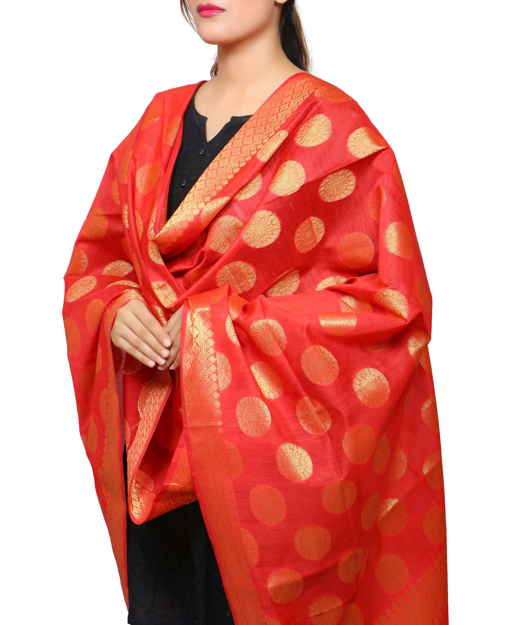 Banarasi Kora Silk Polka Dot Butti Dupatta- Red