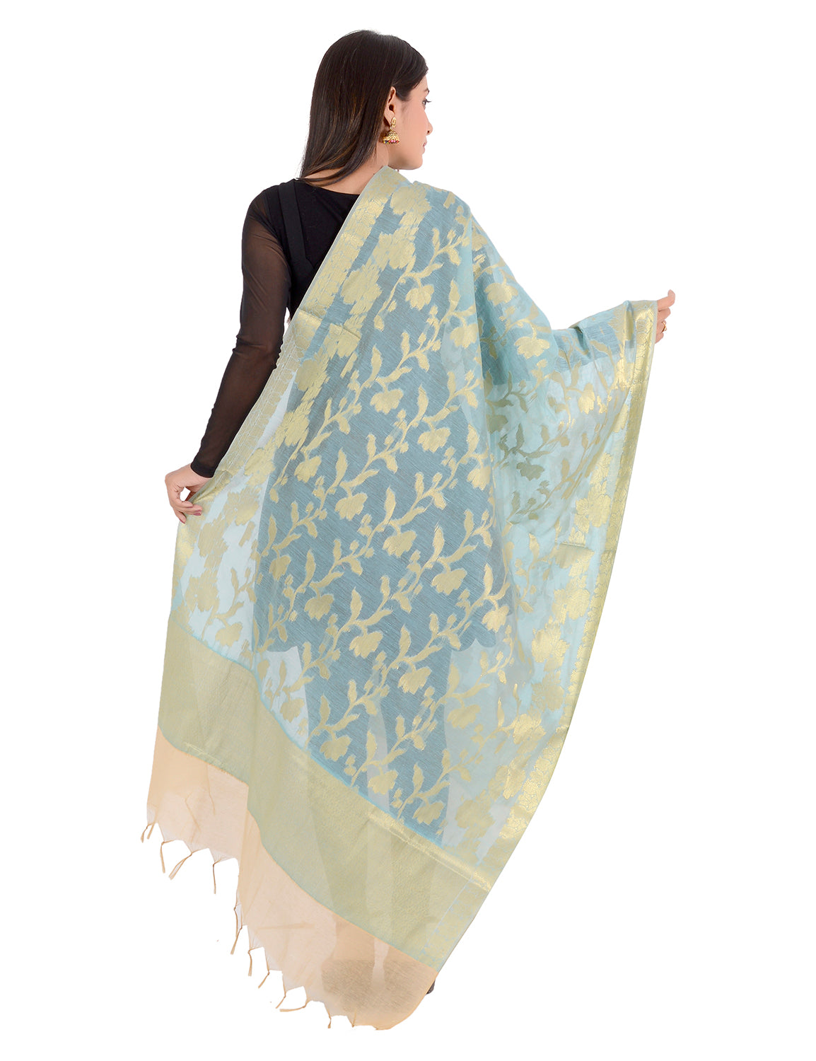 Banarasi Kora Silk Zari Dupatta - Rani-Blue