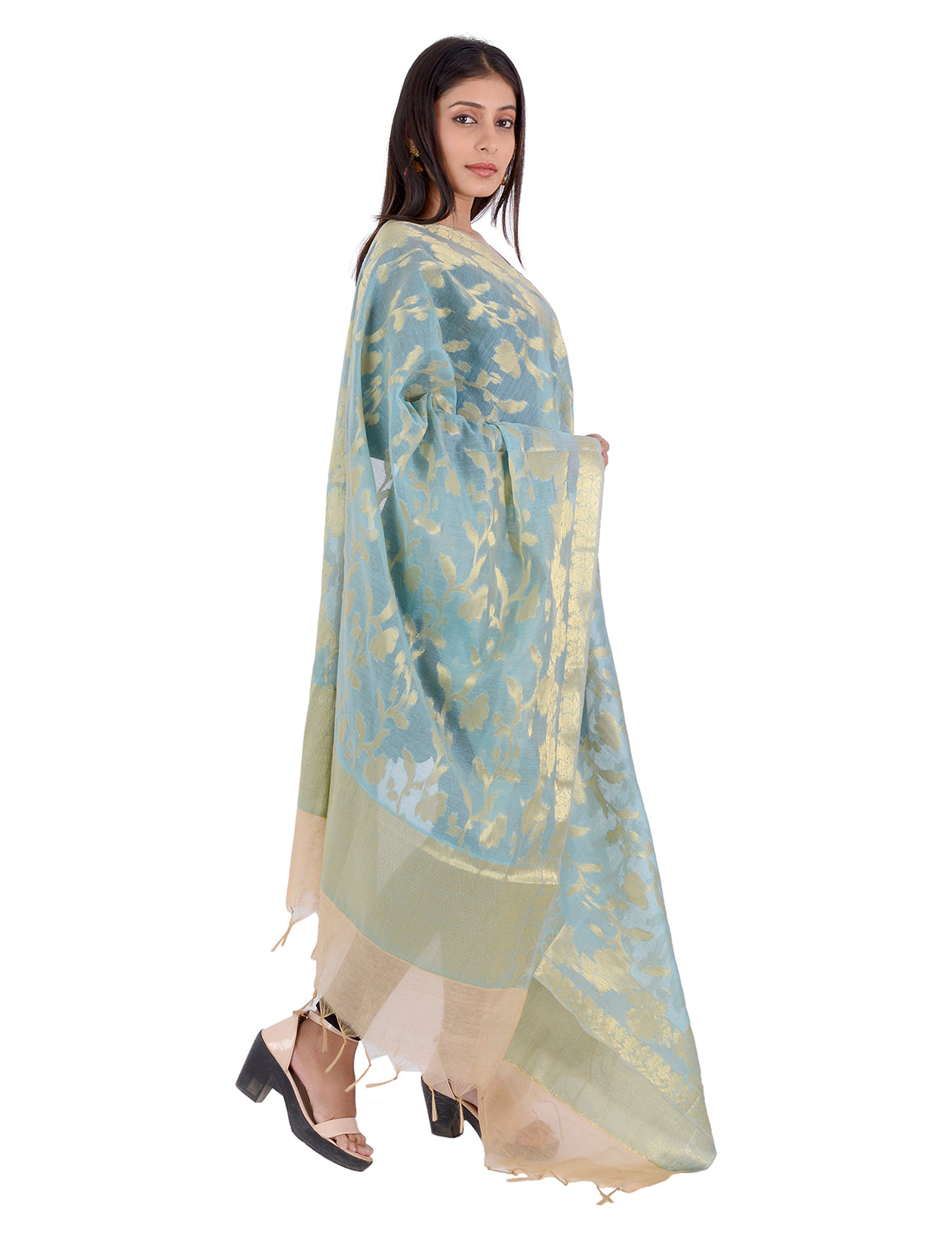 Banarasi Kora Silk Zari Dupatta - Rani-Blue