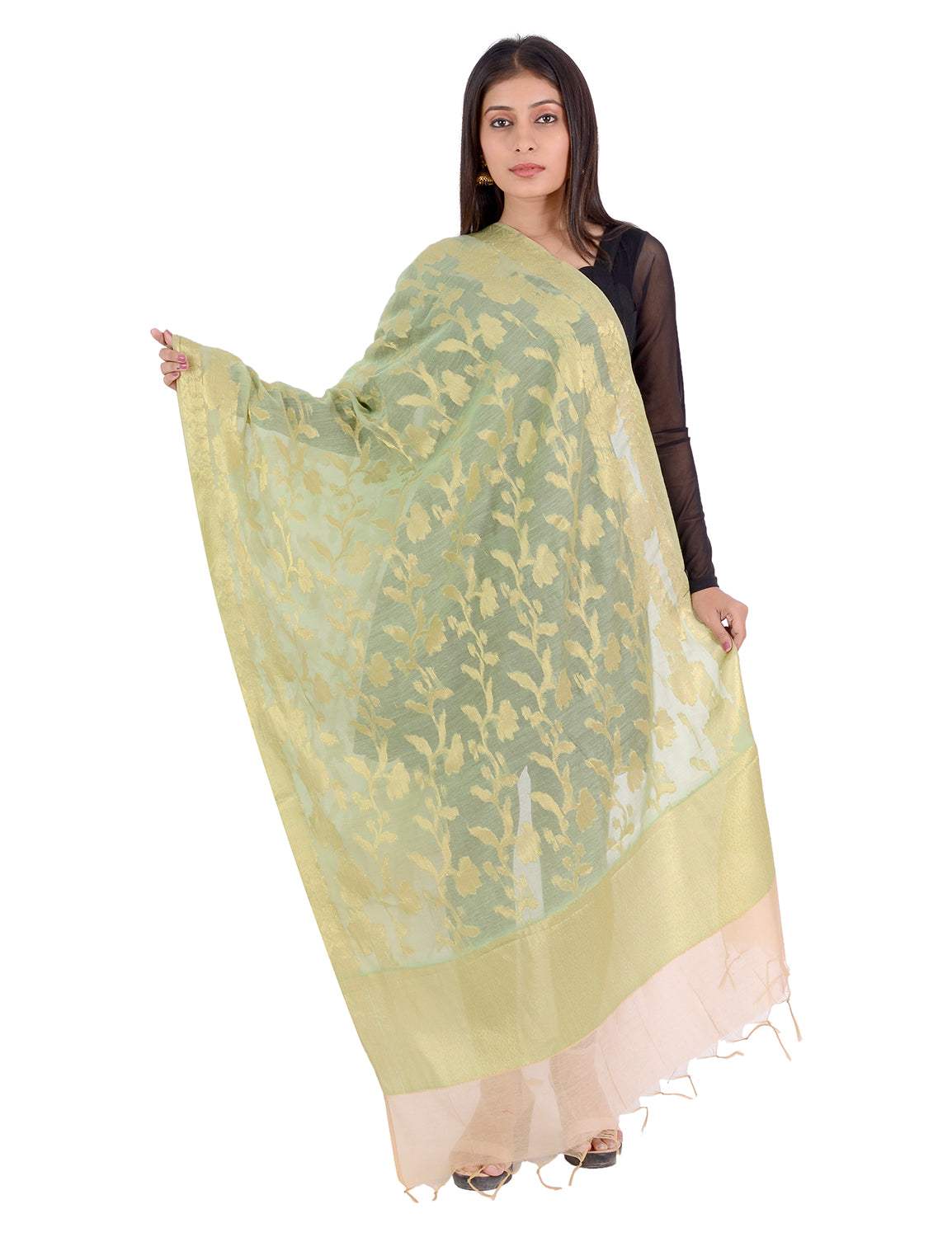 Banarasi Kora Silk Zari Dupatta - Rani-Green