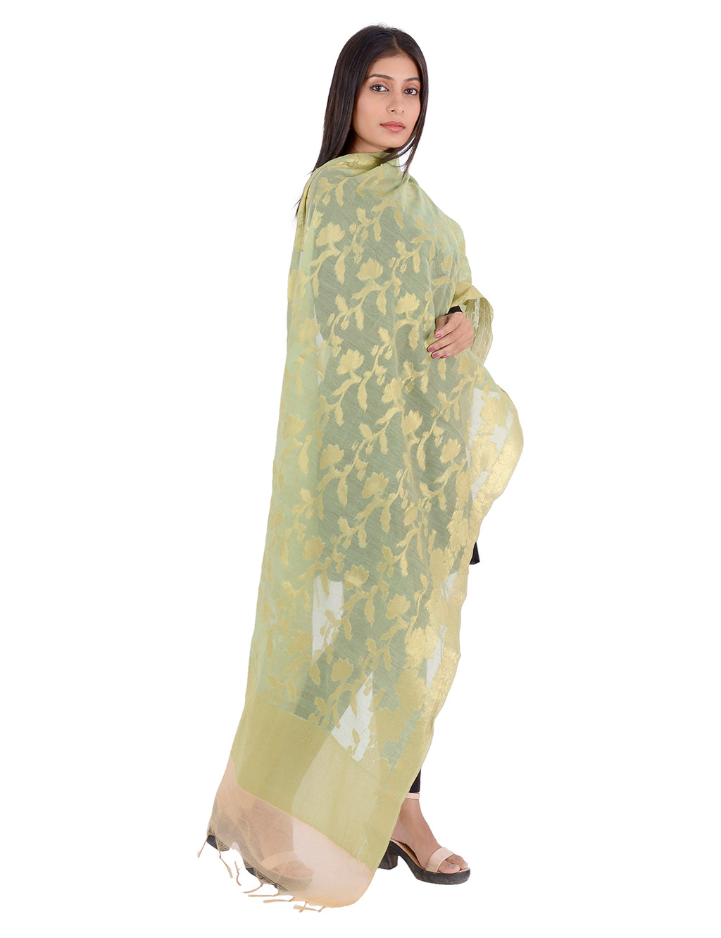 Banarasi Kora Silk Zari Dupatta - Rani-Green