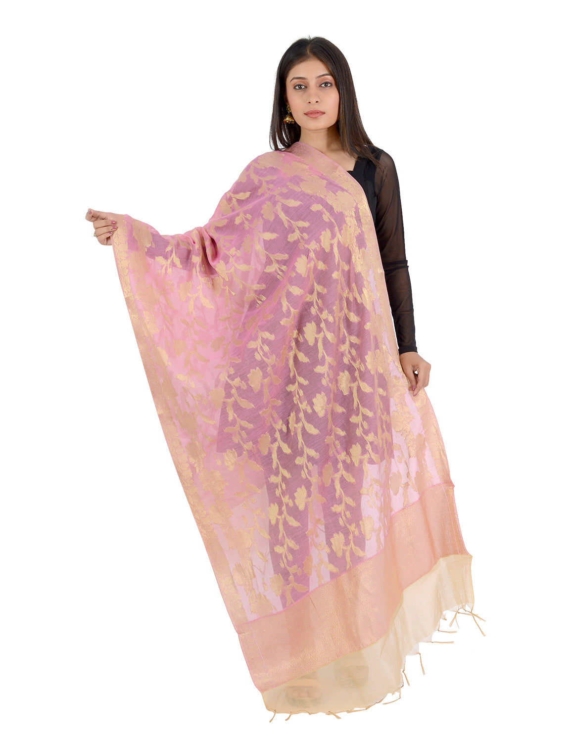 Banarasi Kora Silk Zari Dupatta - Rani-Pink