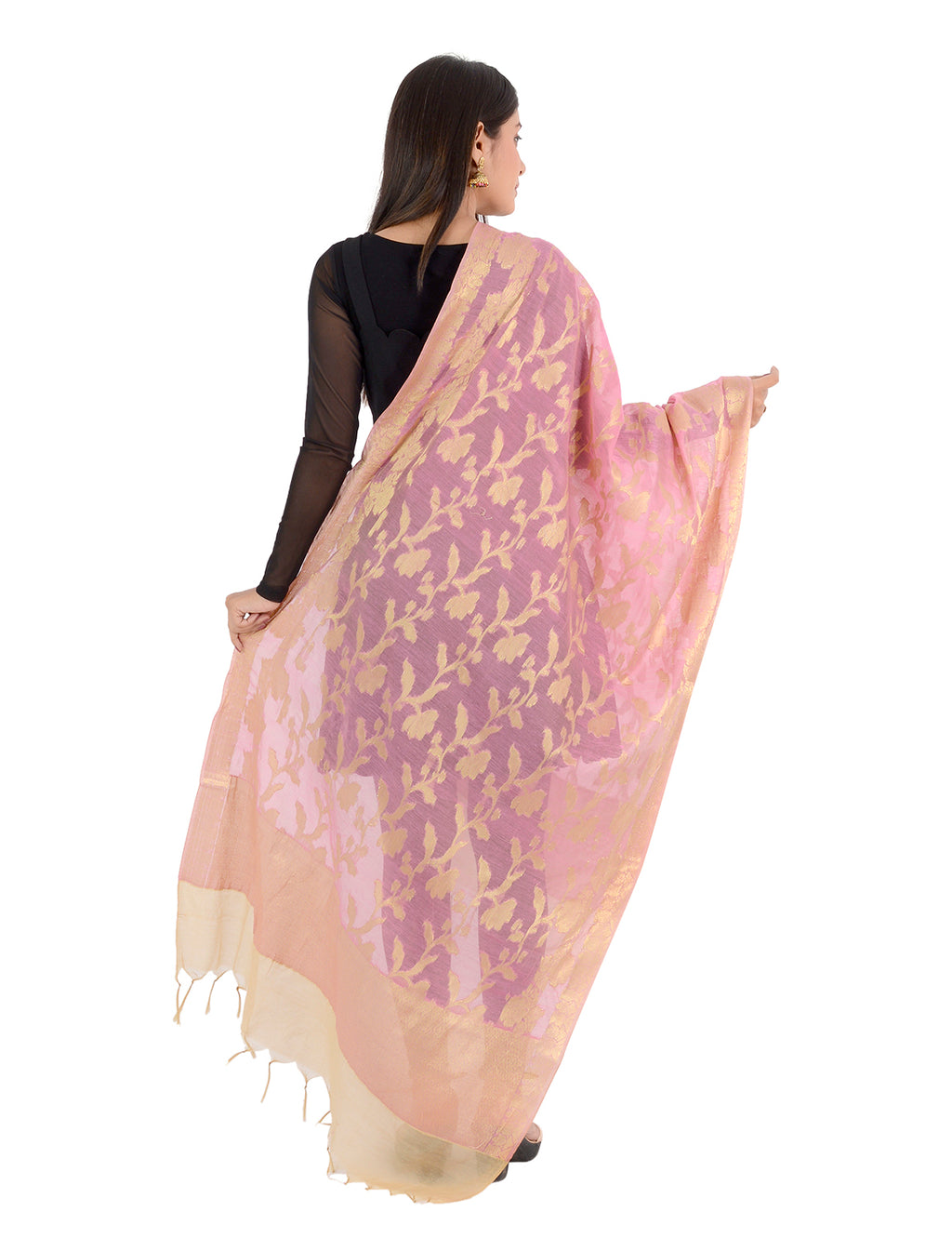 Banarasi Kora Silk Zari Dupatta - Rani-Pink