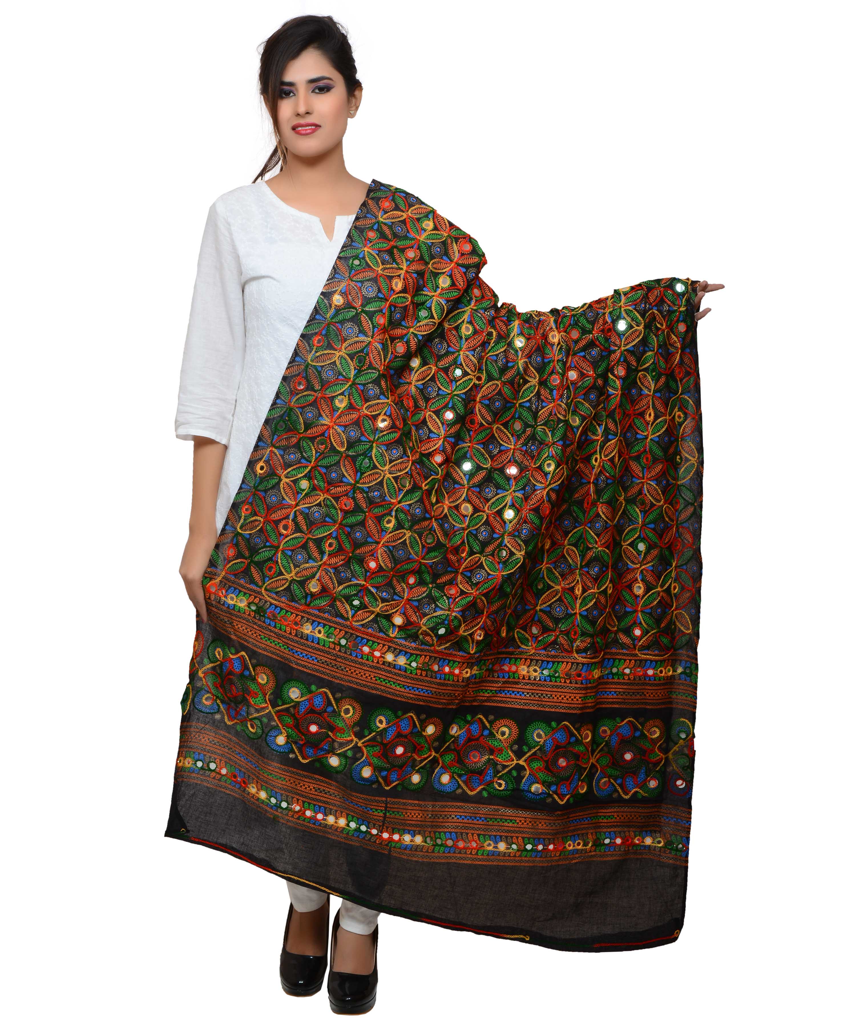 Banjara India Women's Pure Cotton Aari Embroidery & Foil Mirrors Dupatta (Rasna) Black - RSN01 - Banjara India