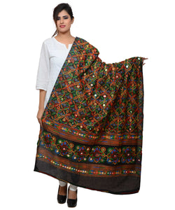 Banjara India Women's Pure Cotton Aari Embroidery & Foil Mirrors Dupatta (Rasna) Black - RSN01 - Banjara India