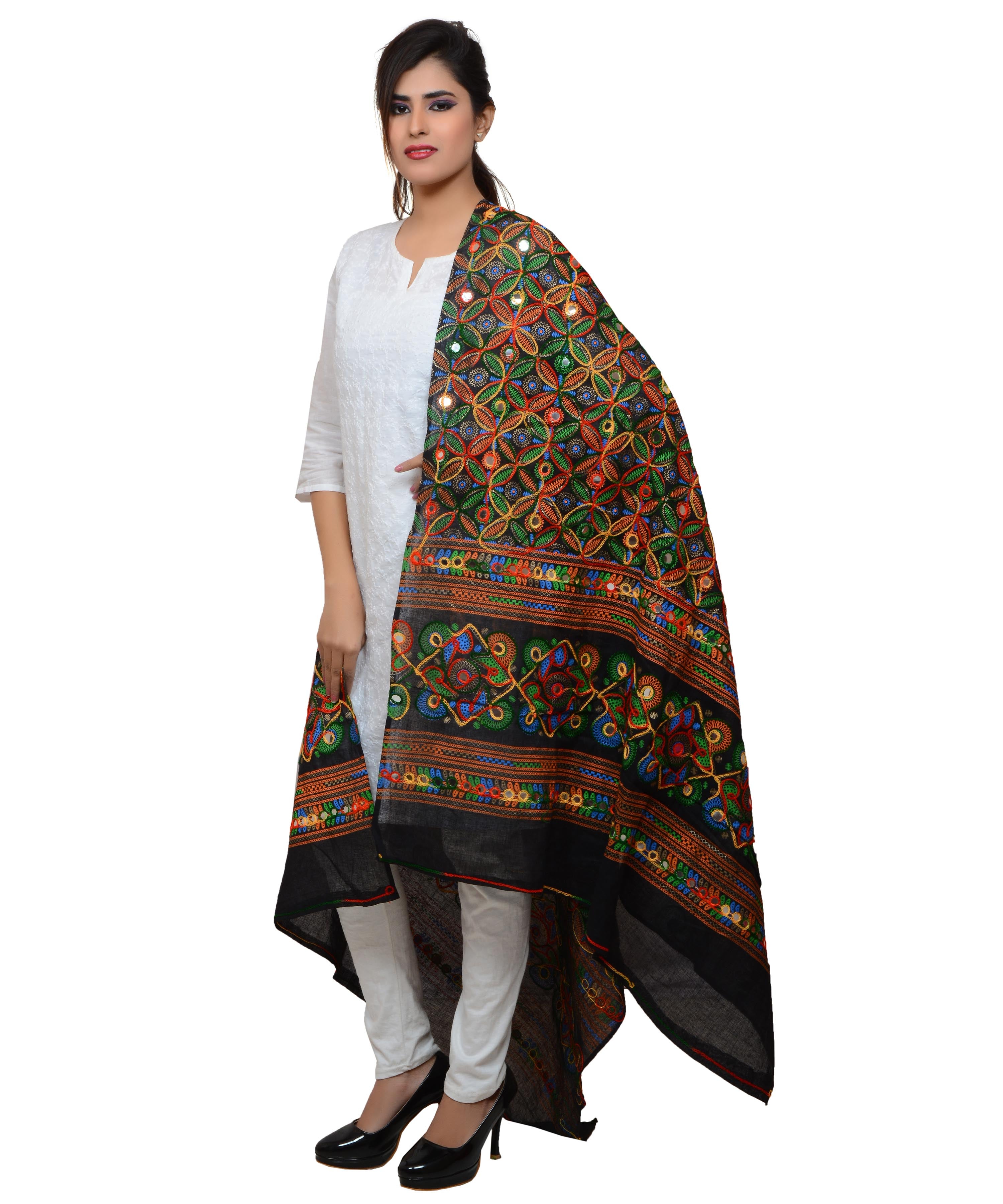 Banjara India Women's Pure Cotton Aari Embroidery & Foil Mirrors Dupatta (Rasna) Black - RSN01 - Banjara India