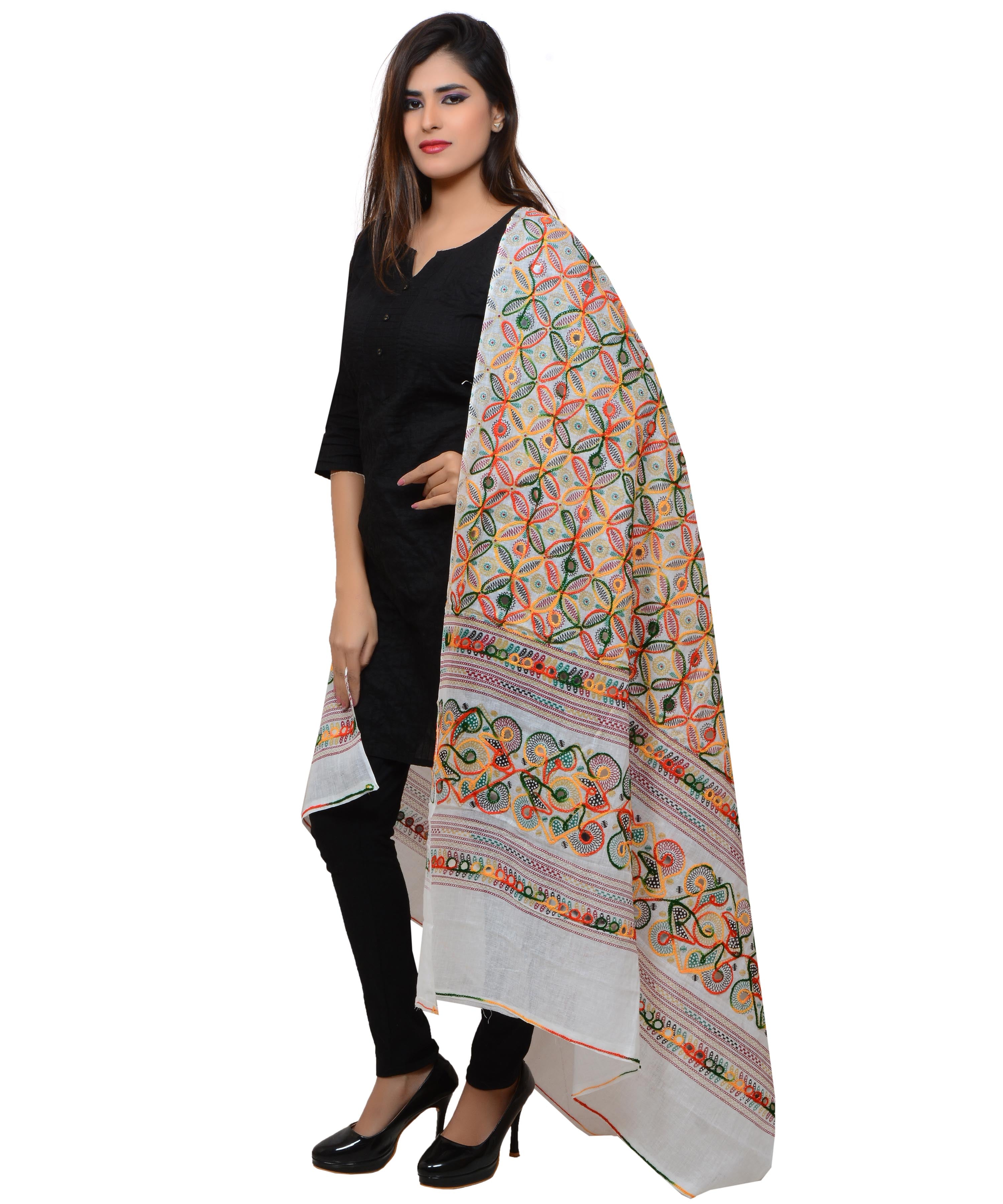 Banjara India Women's Pure Cotton Aari Embroidery & Foil Mirrors Dupatta (Rasna) White - RSN02 - Banjara India