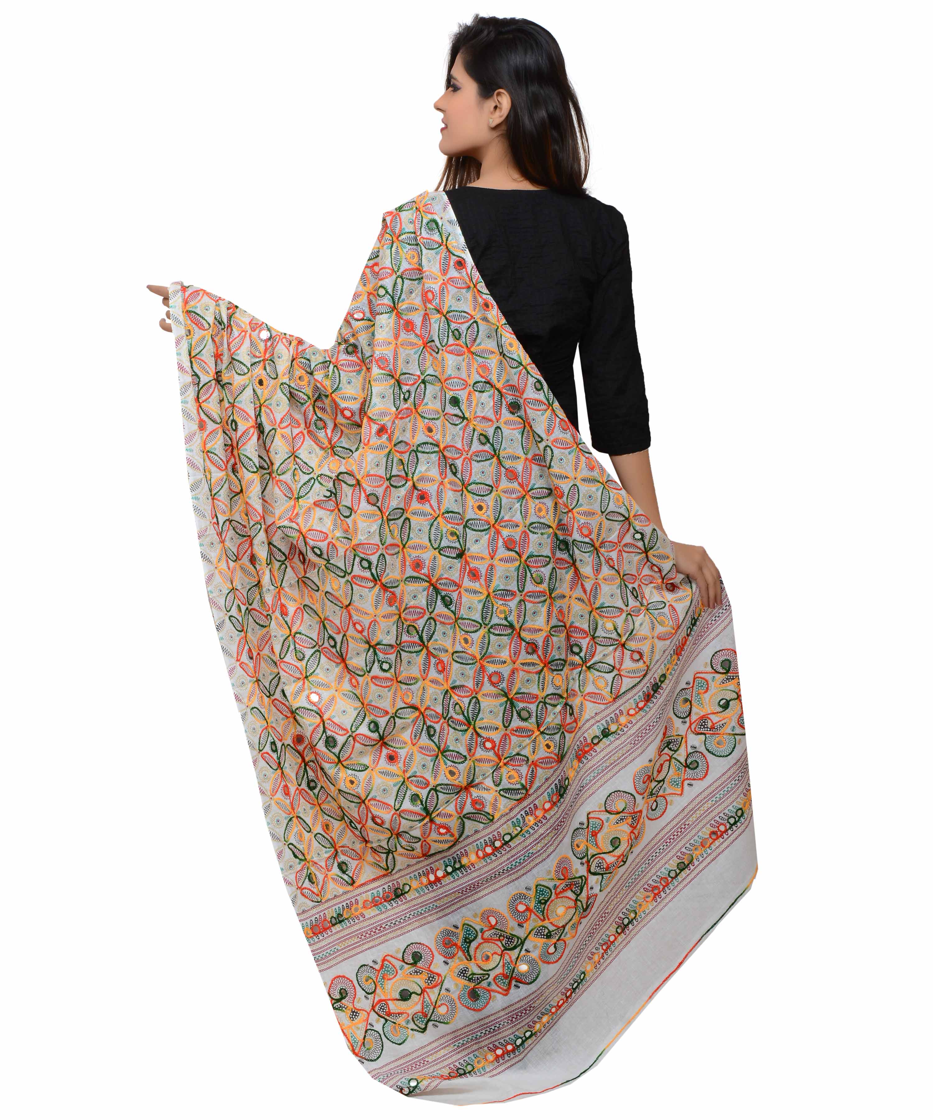 Banjara India Women's Pure Cotton Aari Embroidery & Foil Mirrors Dupatta (Rasna) White - RSN02 - Banjara India