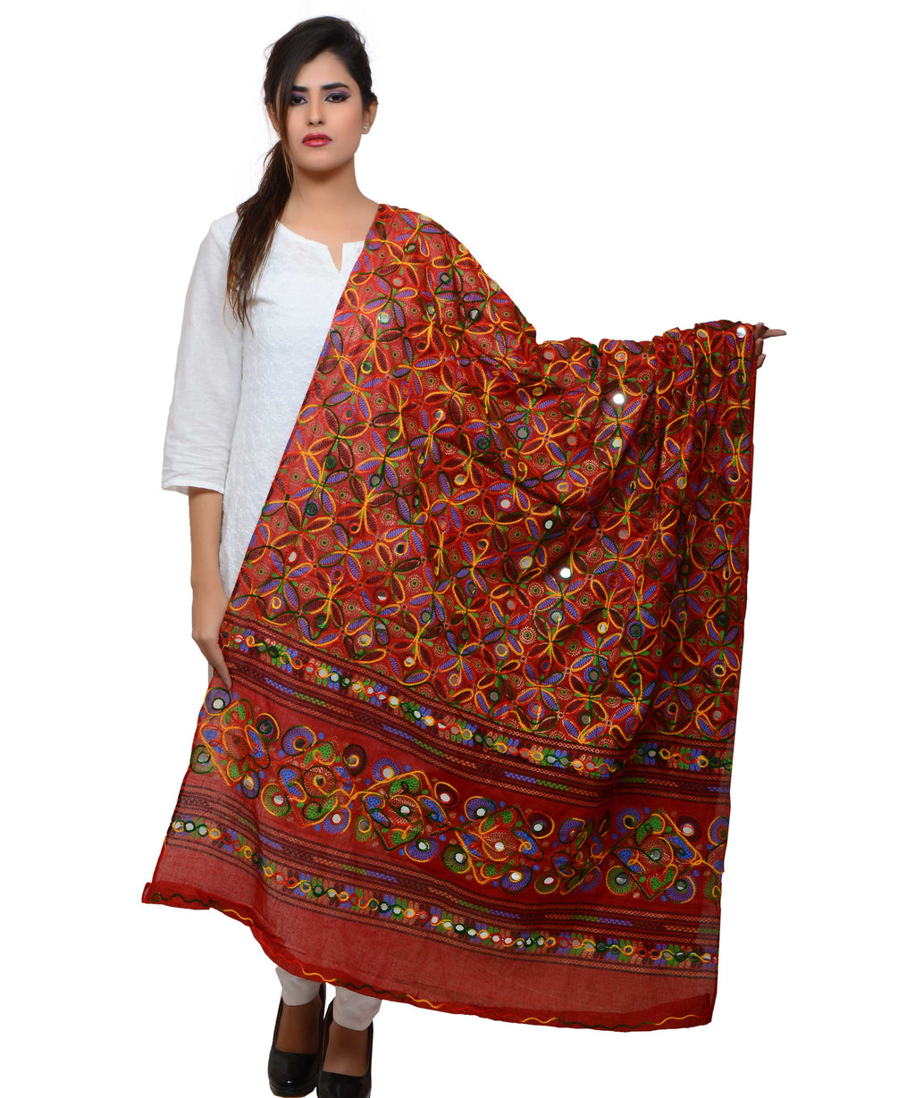 Banjara India Women's Pure Cotton Aari Embroidery & Foil Mirrors Dupatta (Rasna) Red - RSN03 - Banjara India