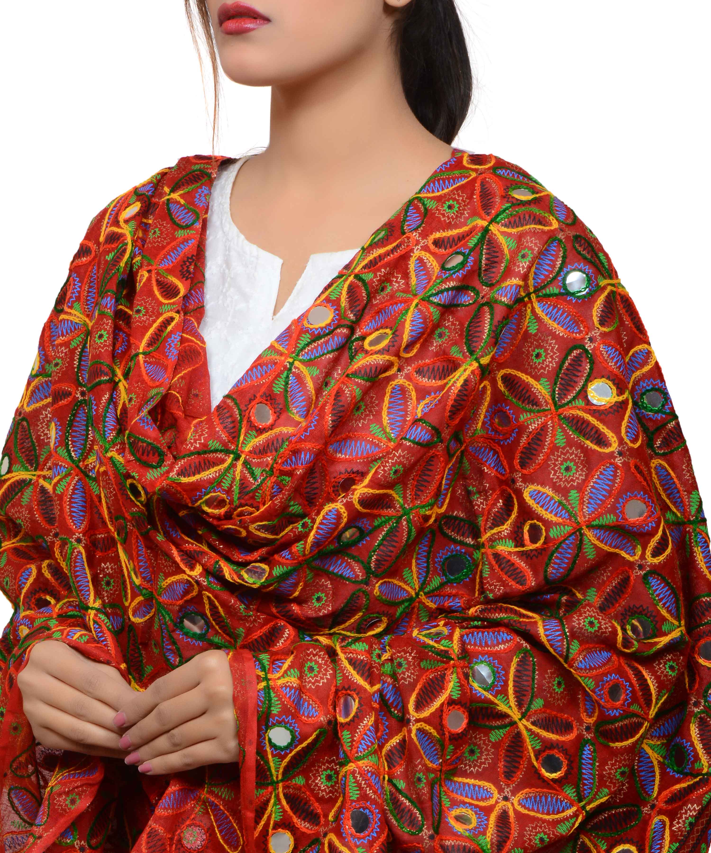 Banjara India Women's Pure Cotton Aari Embroidery & Foil Mirrors Dupatta (Rasna) Red - RSN03 - Banjara India