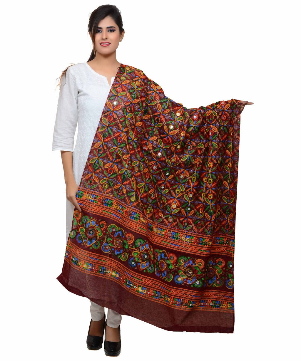 Banjara India Women's Pure Cotton Aari Embroidery & Foil Mirrors Dupatta (Rasna) Maroon - RSN04 - Banjara India