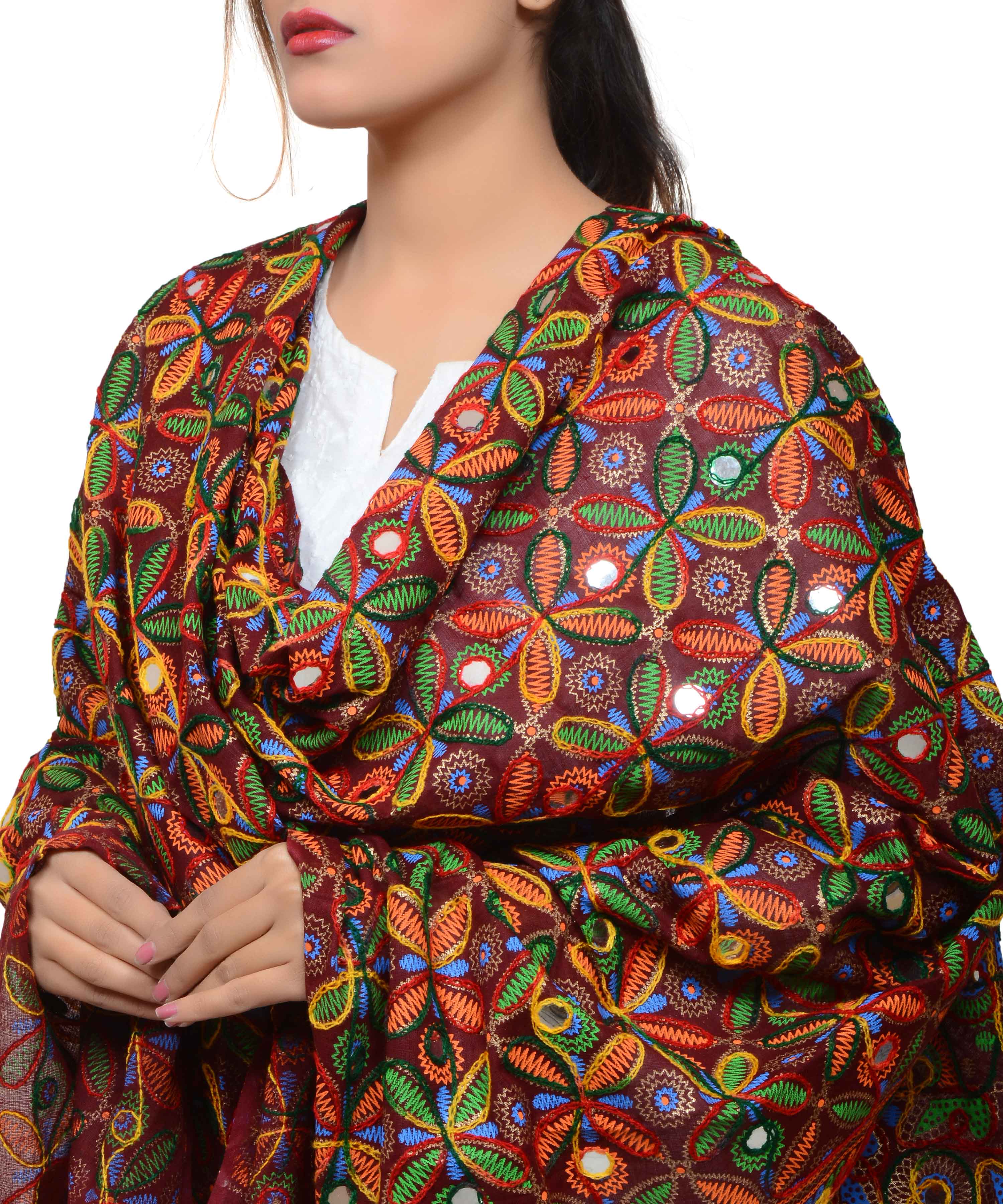 Banjara India Women's Pure Cotton Aari Embroidery & Foil Mirrors Dupatta (Rasna) Maroon - RSN04 - Banjara India