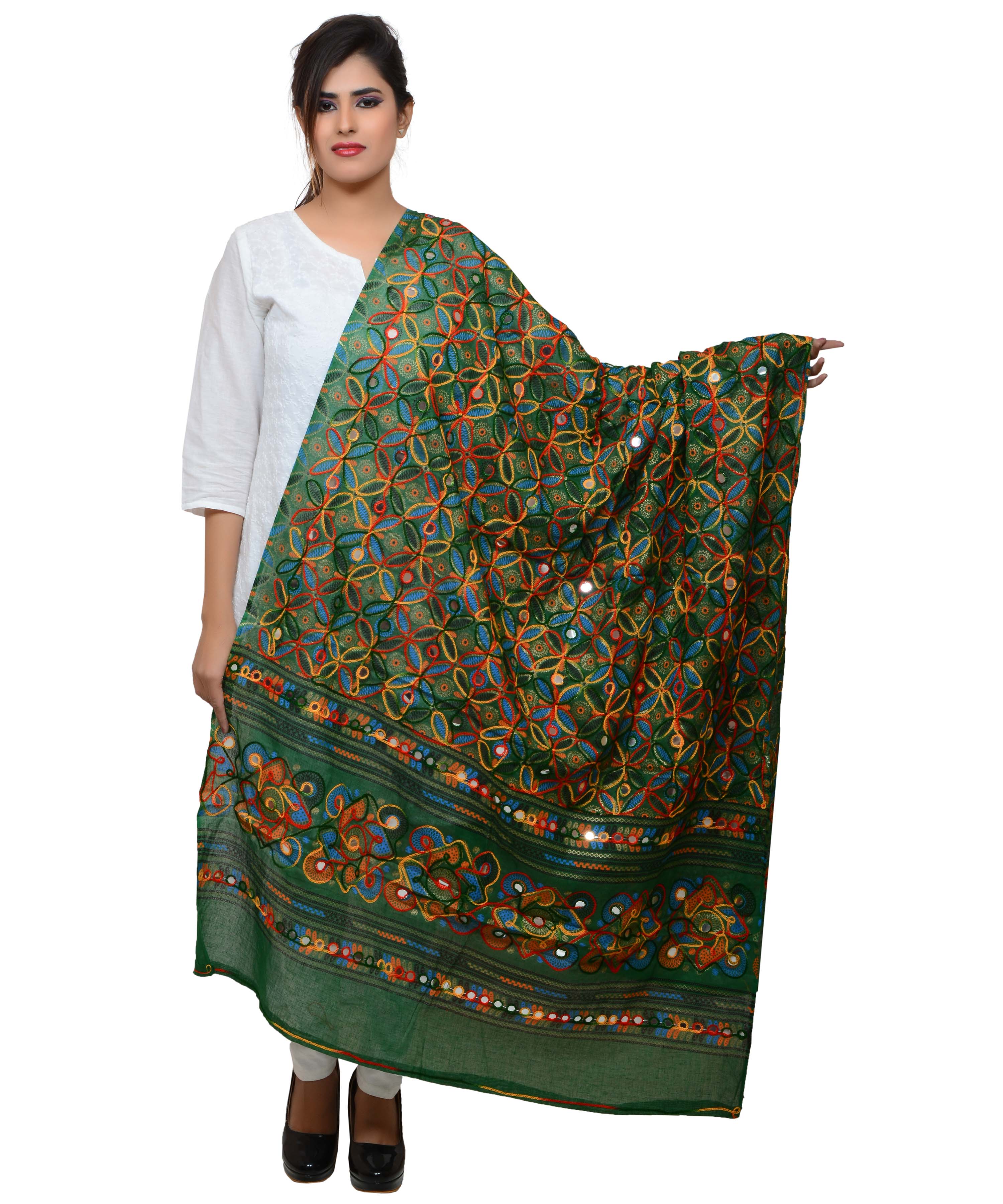 Banjara India Women's Pure Cotton Aari Embroidery & Foil Mirrors Dupatta (Rasna) Dark Green  - RSN05 - Banjara India