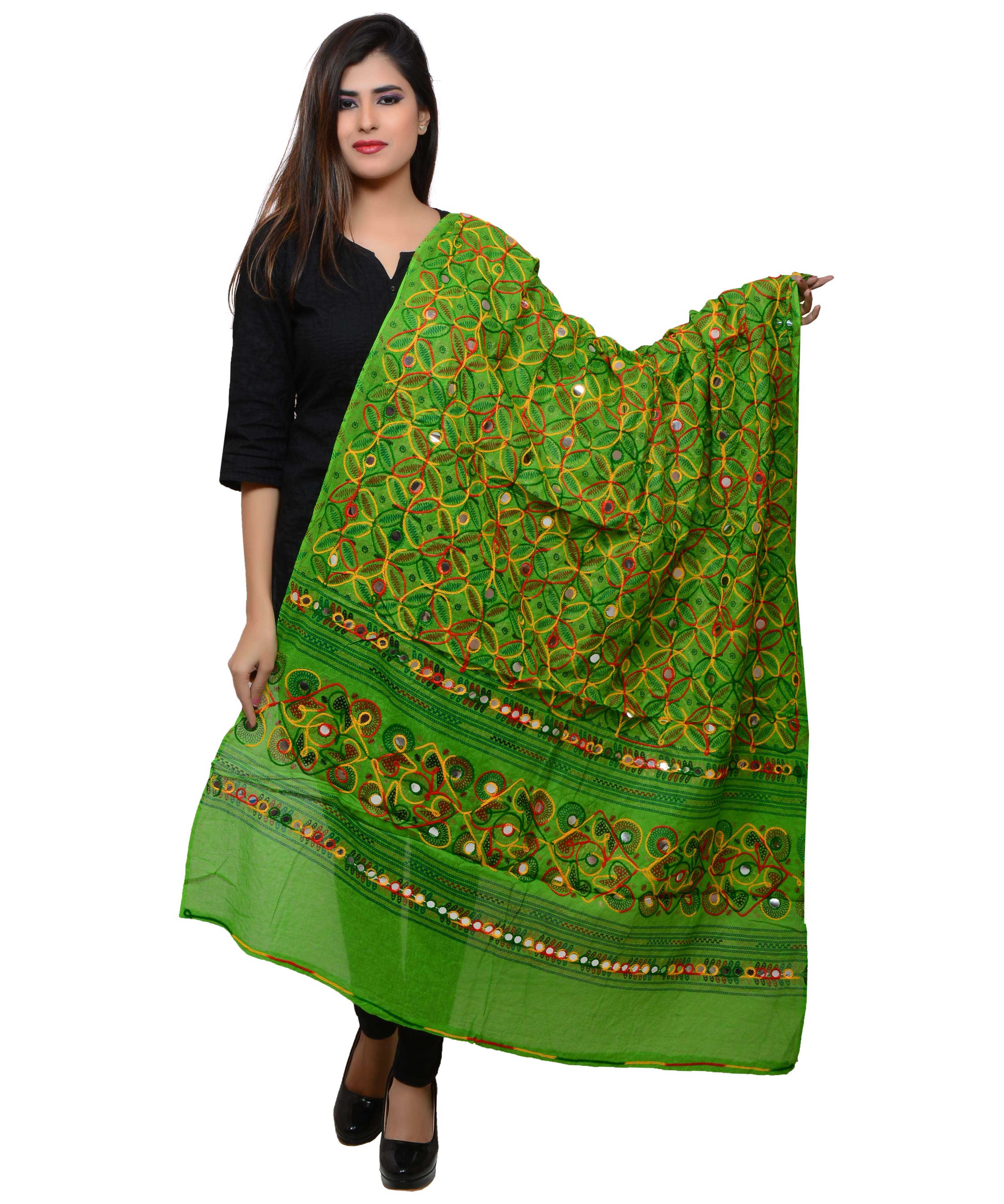 Banjara India Women's Pure Cotton Aari Embroidery & Foil Mirrors Dupatta (Rasna) Parrot Green - RSN06 - Banjara India