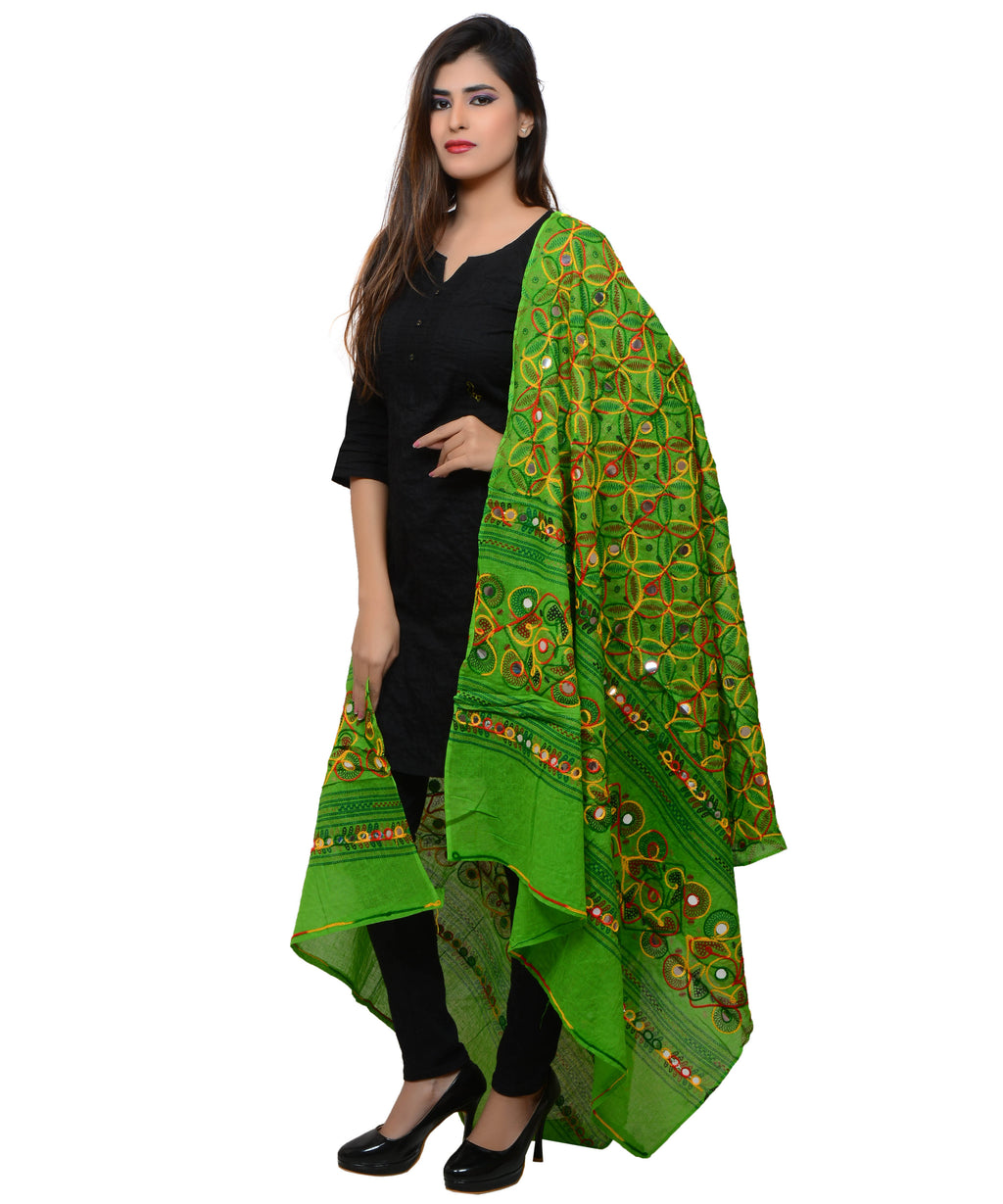Banjara India Women's Pure Cotton Aari Embroidery & Foil Mirrors Dupatta (Rasna) Parrot Green - RSN06 - Banjara India