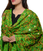 Banjara India Women's Pure Cotton Aari Embroidery & Foil Mirrors Dupatta (Rasna) Parrot Green - RSN06 - Banjara India