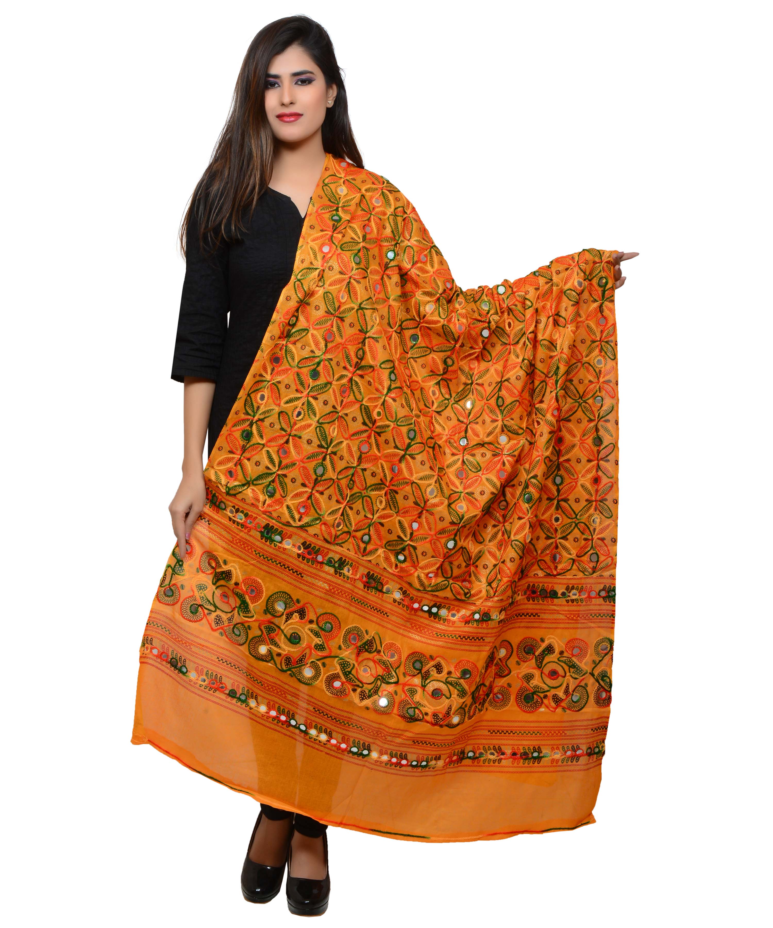 Banjara India Women's Pure Cotton Aari Embroidery & Foil Mirrors Dupatta (Rasna) Light Orange - RSN07 - Banjara India