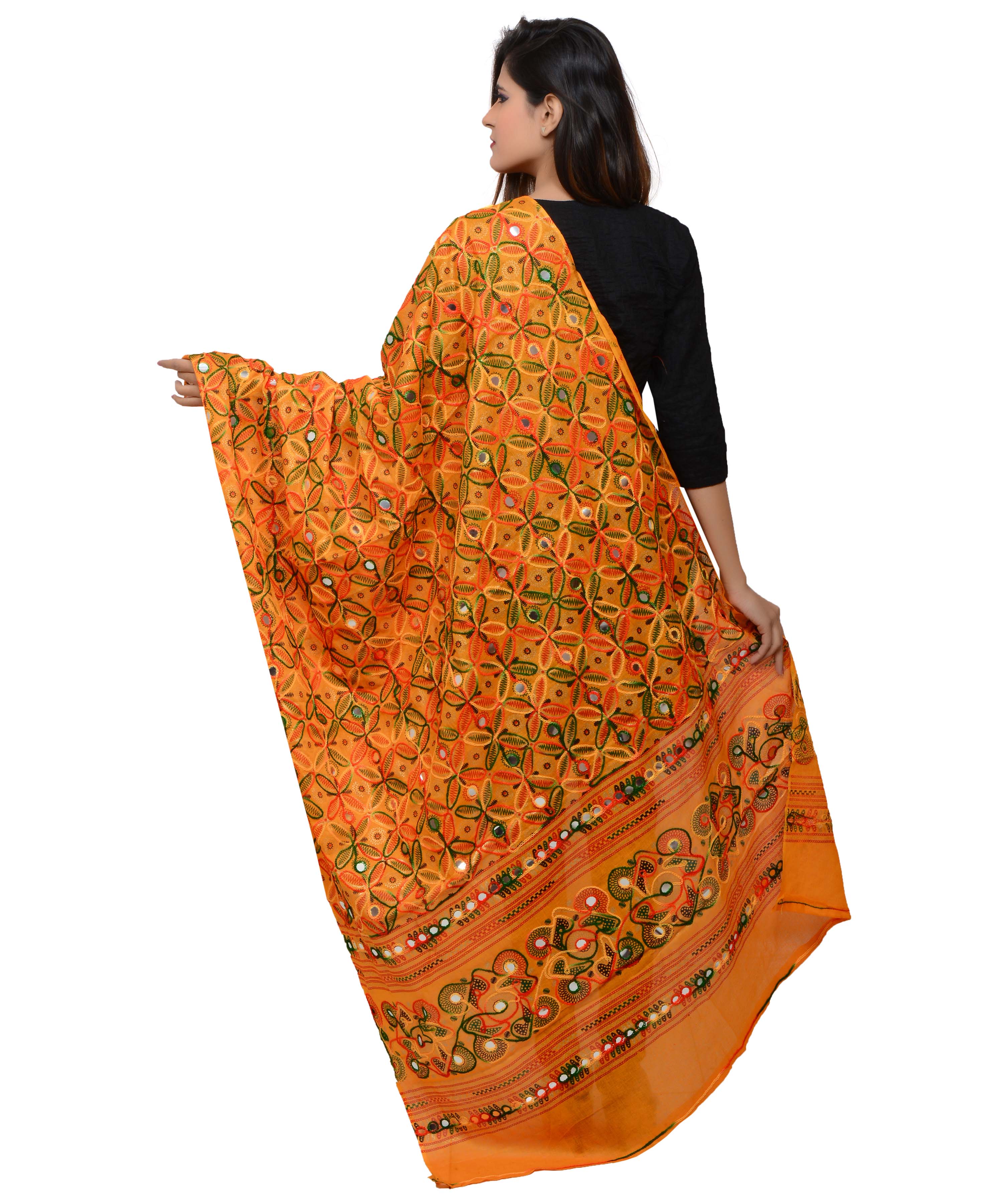 Banjara India Women's Pure Cotton Aari Embroidery & Foil Mirrors Dupatta (Rasna) Light Orange - RSN07 - Banjara India