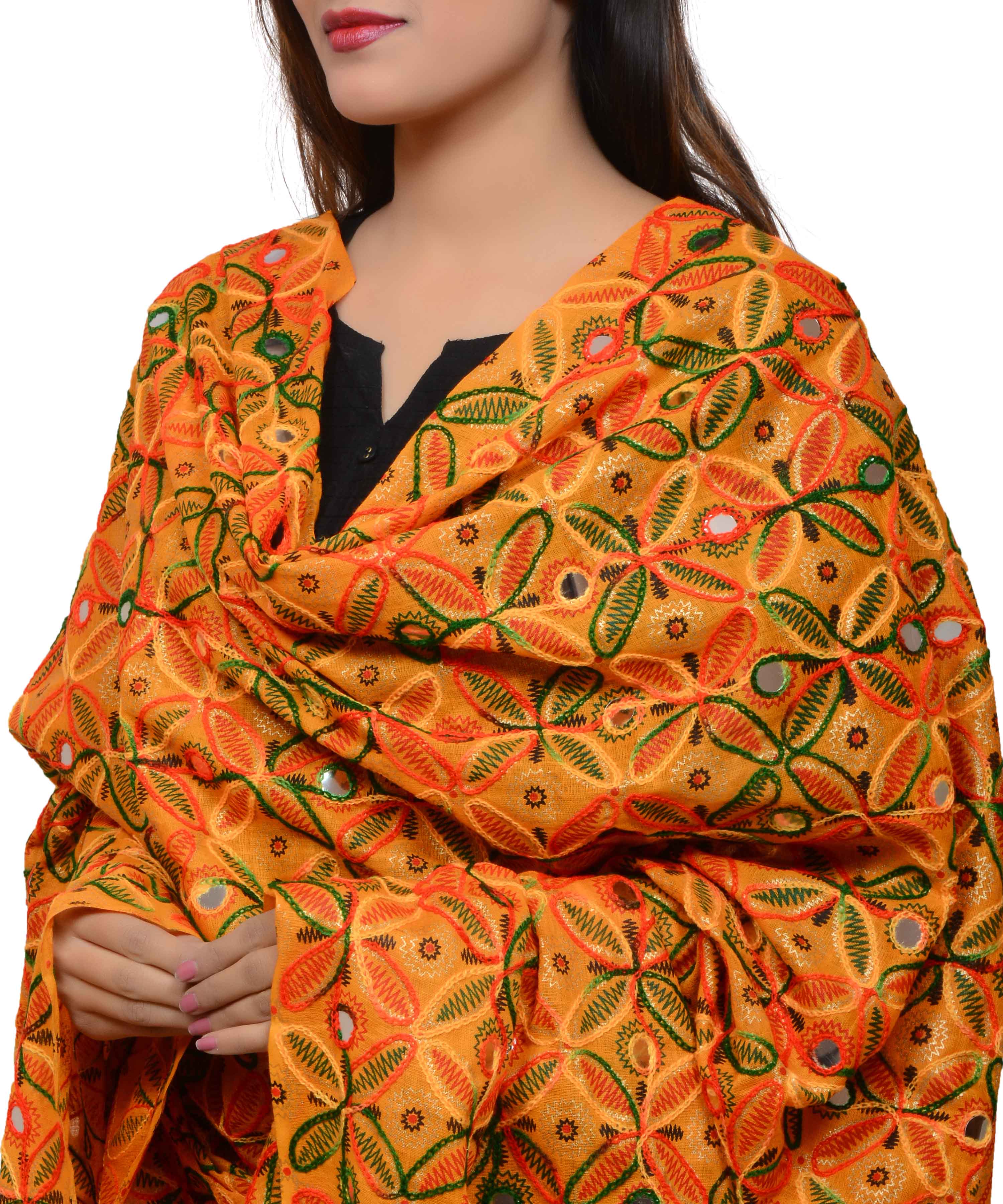 Banjara India Women's Pure Cotton Aari Embroidery & Foil Mirrors Dupatta (Rasna) Light Orange - RSN07 - Banjara India