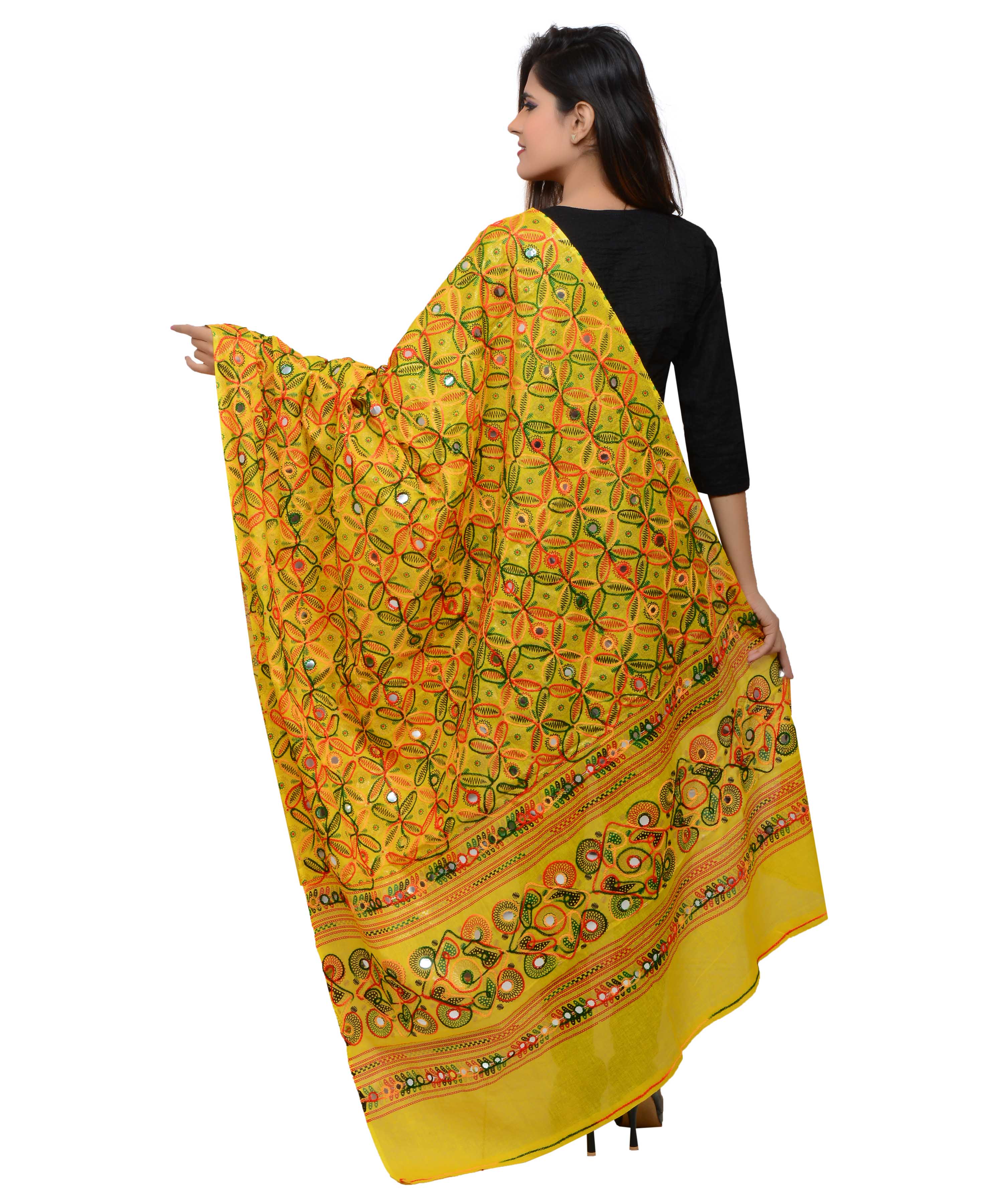 Banjara India Women's Pure Cotton Aari Embroidery & Foil Mirrors Dupatta (Rasna) Lemon Yellow - RSN08 - Banjara India
