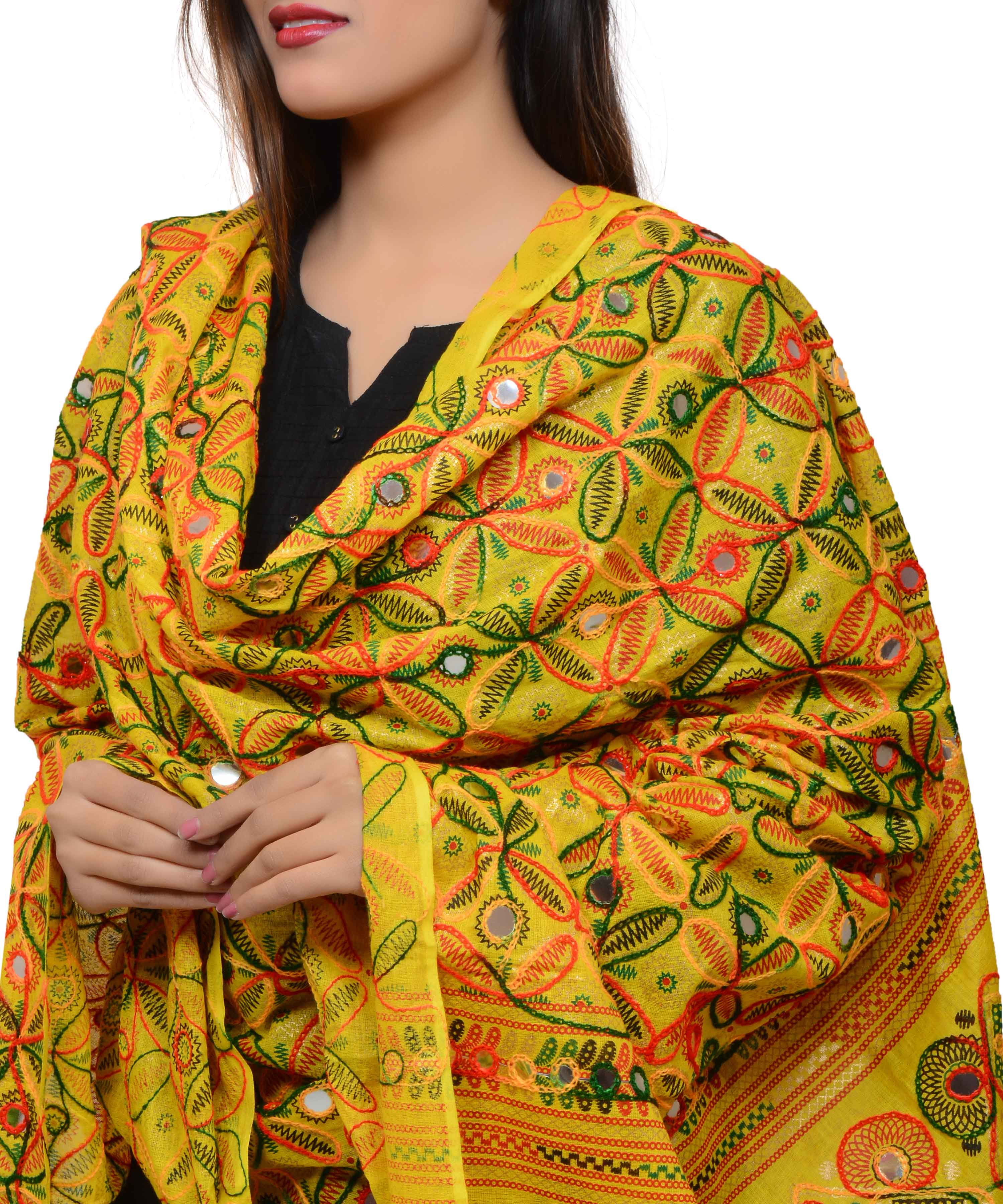 Banjara India Women's Pure Cotton Aari Embroidery & Foil Mirrors Dupatta (Rasna) Lemon Yellow - RSN08 - Banjara India
