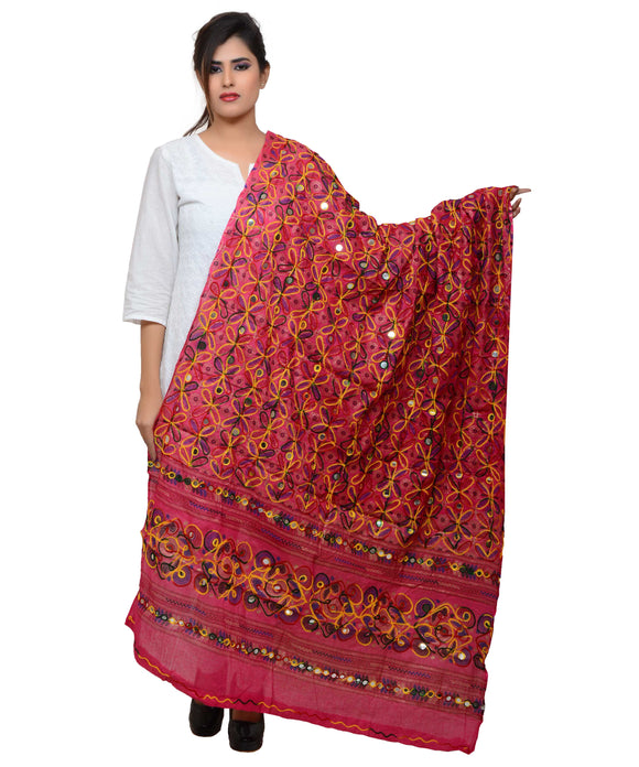 Banjara India Women's Pure Cotton Aari Embroidery & Foil Mirrors Dupatta (Rasna) Pink - RSN09 - Banjara India