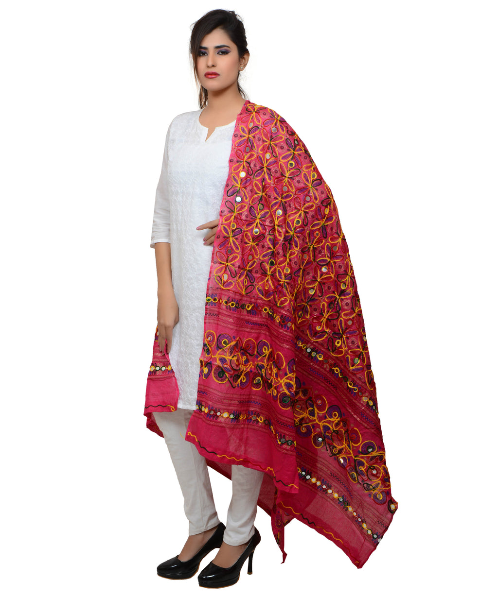 Banjara India Women's Pure Cotton Aari Embroidery & Foil Mirrors Dupatta (Rasna) Pink - RSN09 - Banjara India