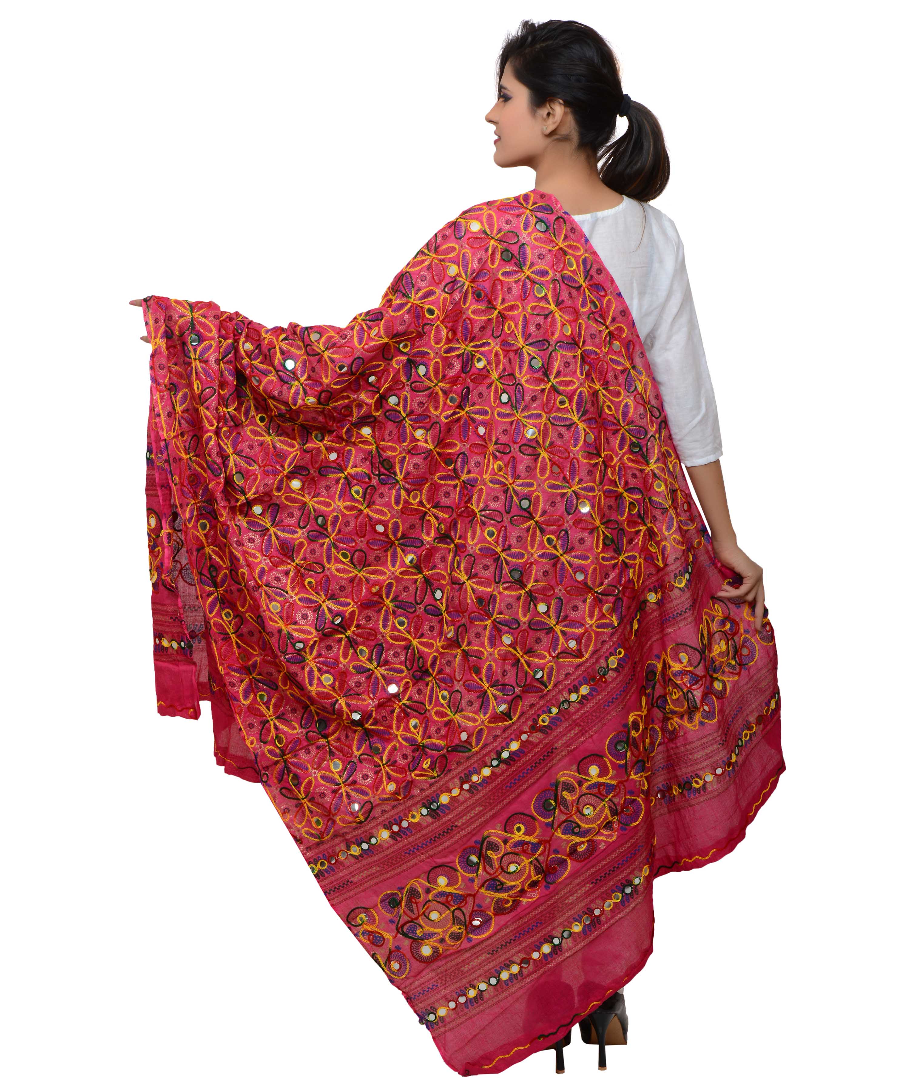 Banjara India Women's Pure Cotton Aari Embroidery & Foil Mirrors Dupatta (Rasna) Pink - RSN09 - Banjara India