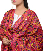 Banjara India Women's Pure Cotton Aari Embroidery & Foil Mirrors Dupatta (Rasna) Pink - RSN09 - Banjara India