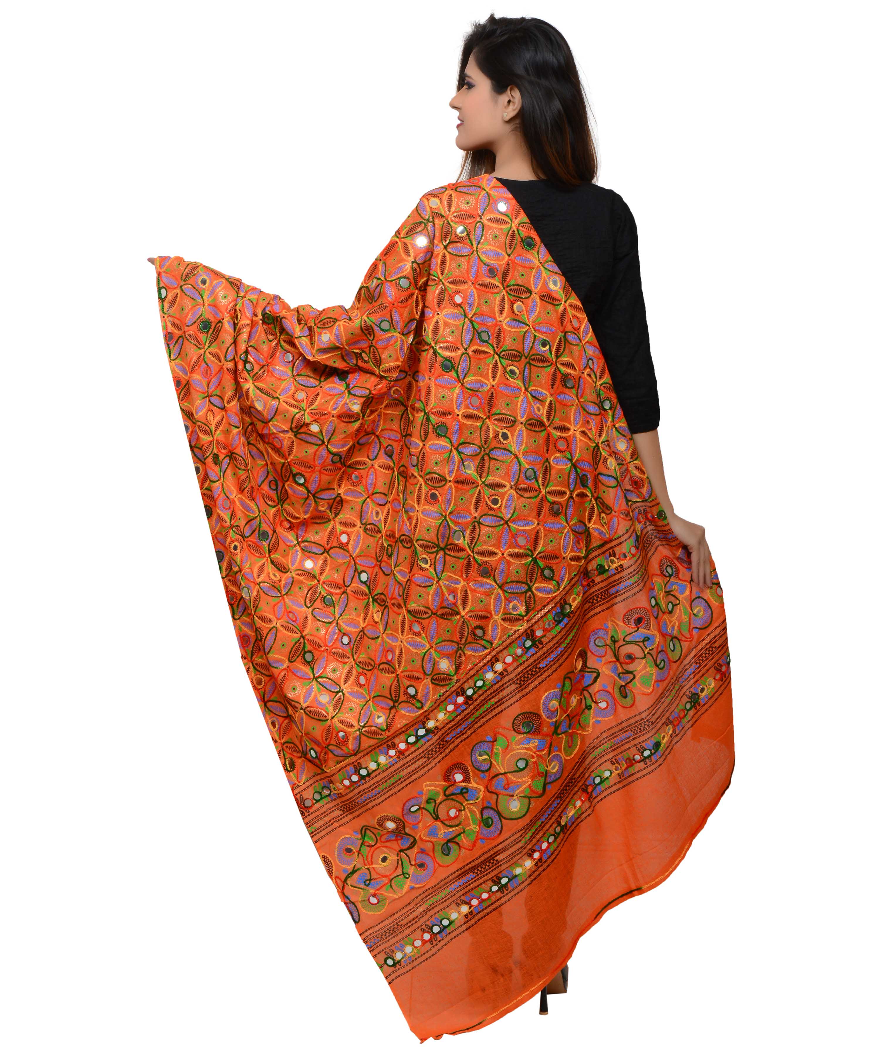 Banjara India Women's Pure Cotton Aari Embroidery & Foil Mirrors Dupatta (Rasna) Tangy Orange - RSN11 - Banjara India