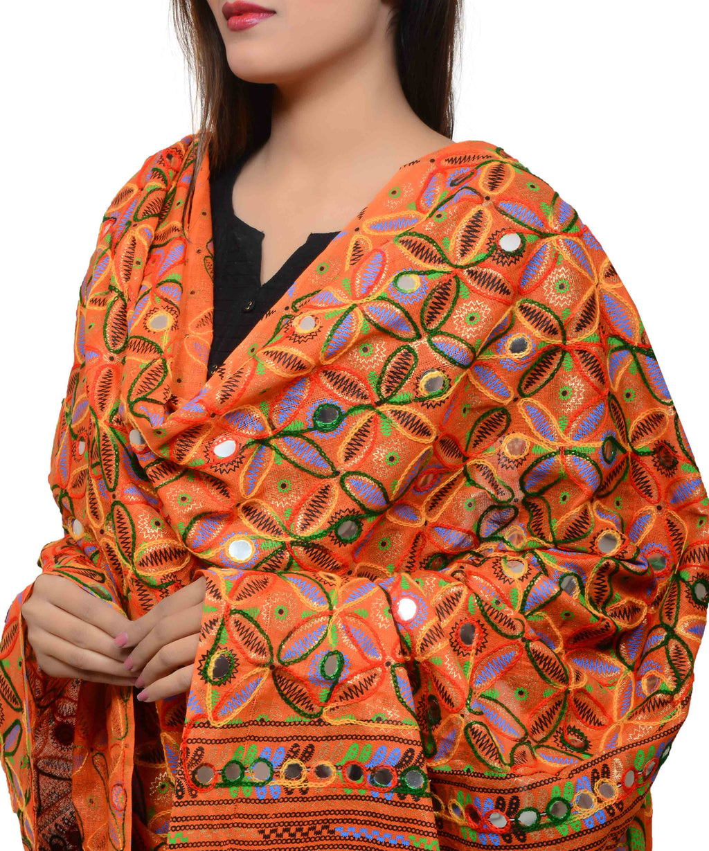 Banjara India Women's Pure Cotton Aari Embroidery & Foil Mirrors Dupatta (Rasna) Tangy Orange - RSN11 - Banjara India