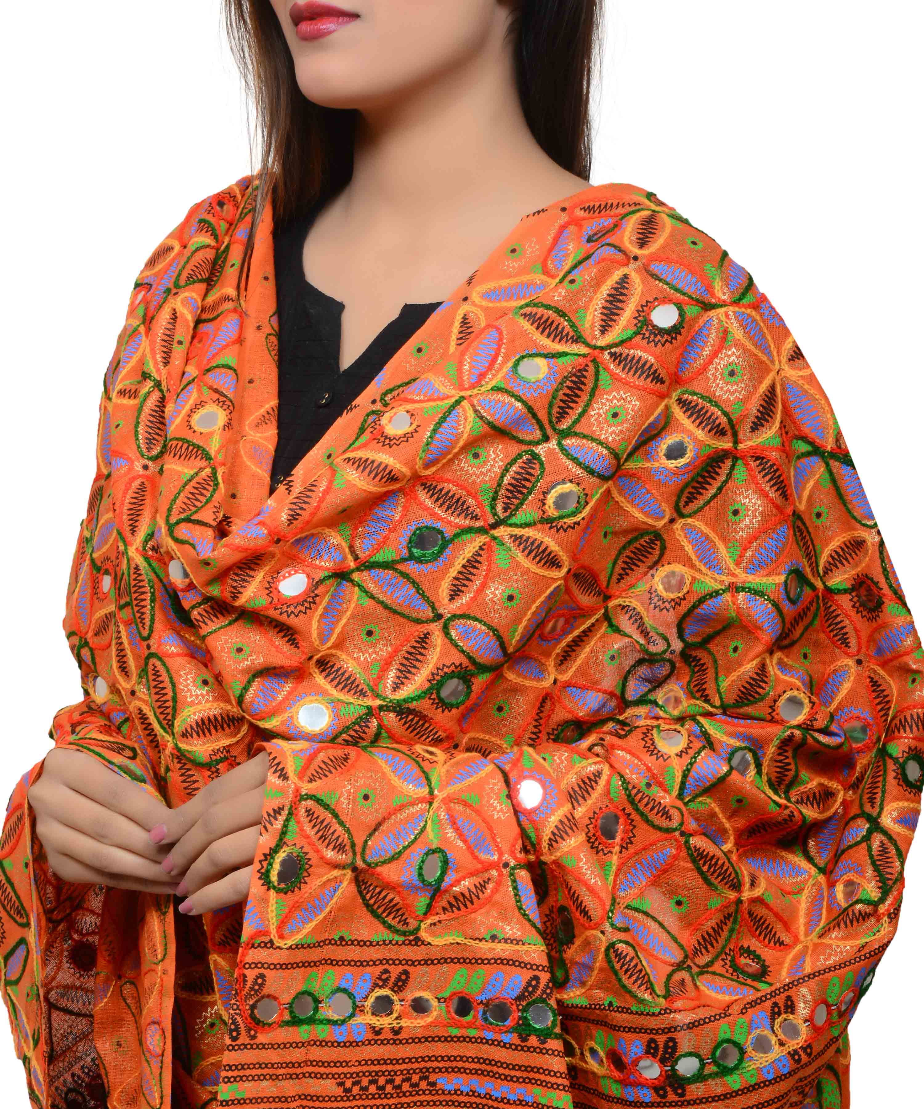 Banjara India Women's Pure Cotton Aari Embroidery & Foil Mirrors Dupatta (Rasna) Tangy Orange - RSN11 - Banjara India
