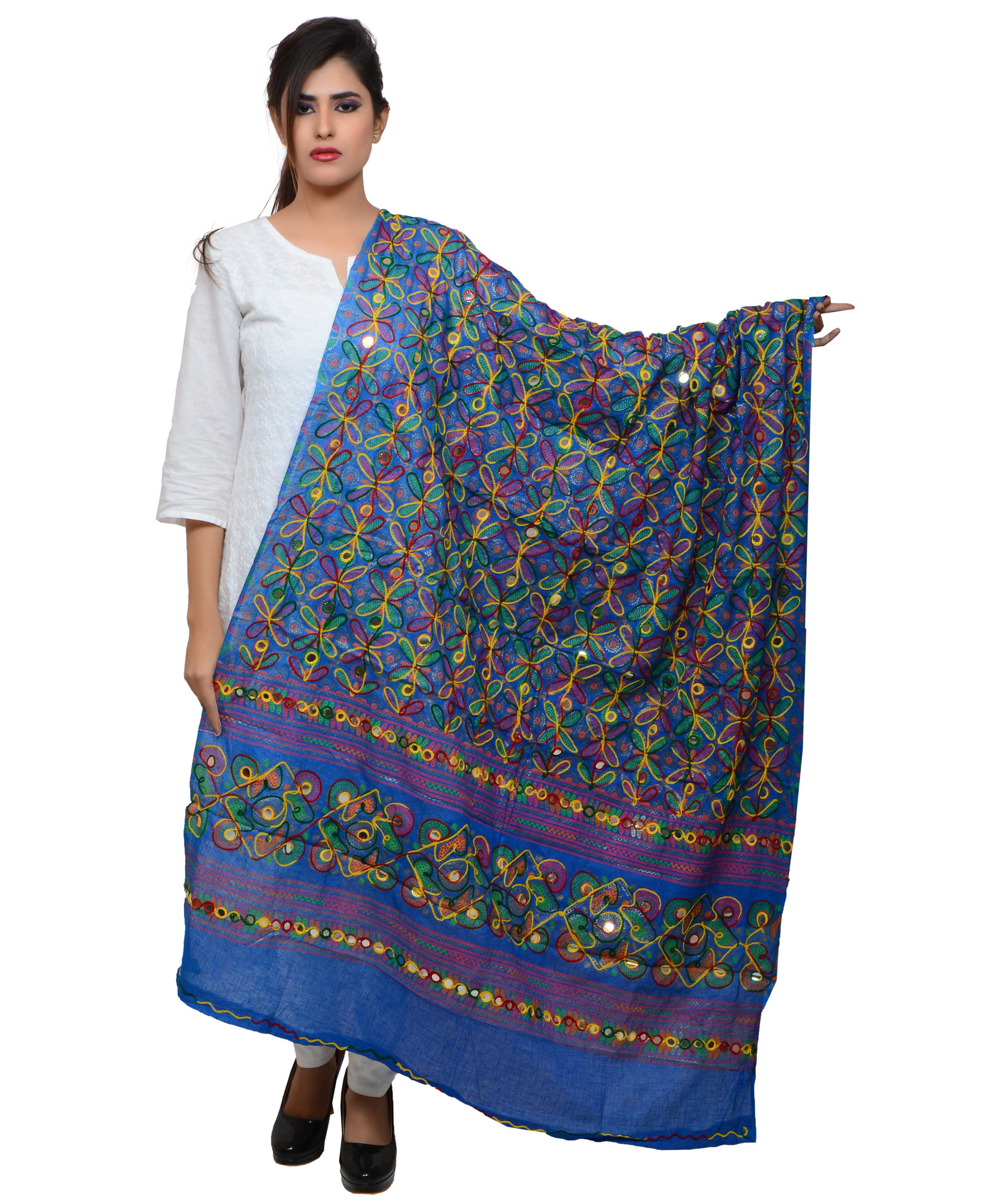 Banjara India Women's Pure Cotton Aari Embroidery & Foil Mirrors Dupatta (Rasna) Blue - RSN12 - Banjara India