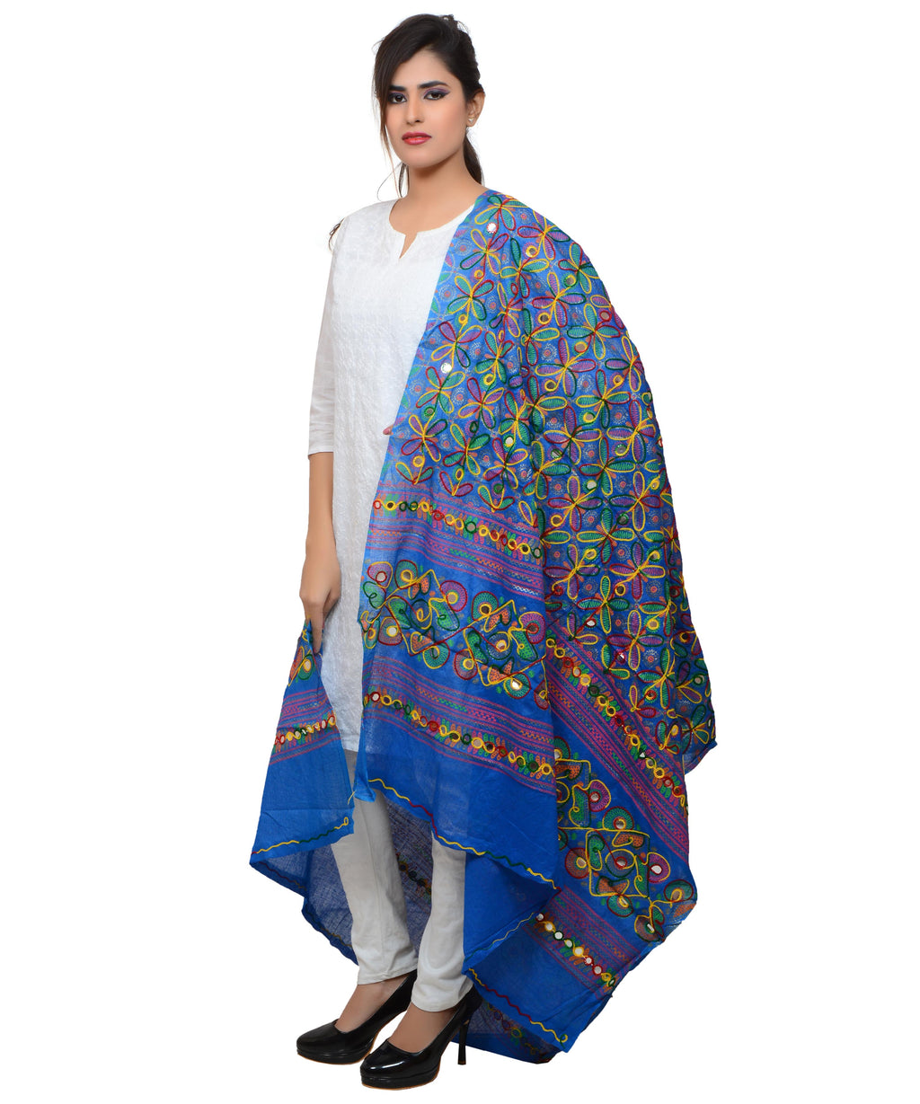 Banjara India Women's Pure Cotton Aari Embroidery & Foil Mirrors Dupatta (Rasna) Blue - RSN12 - Banjara India