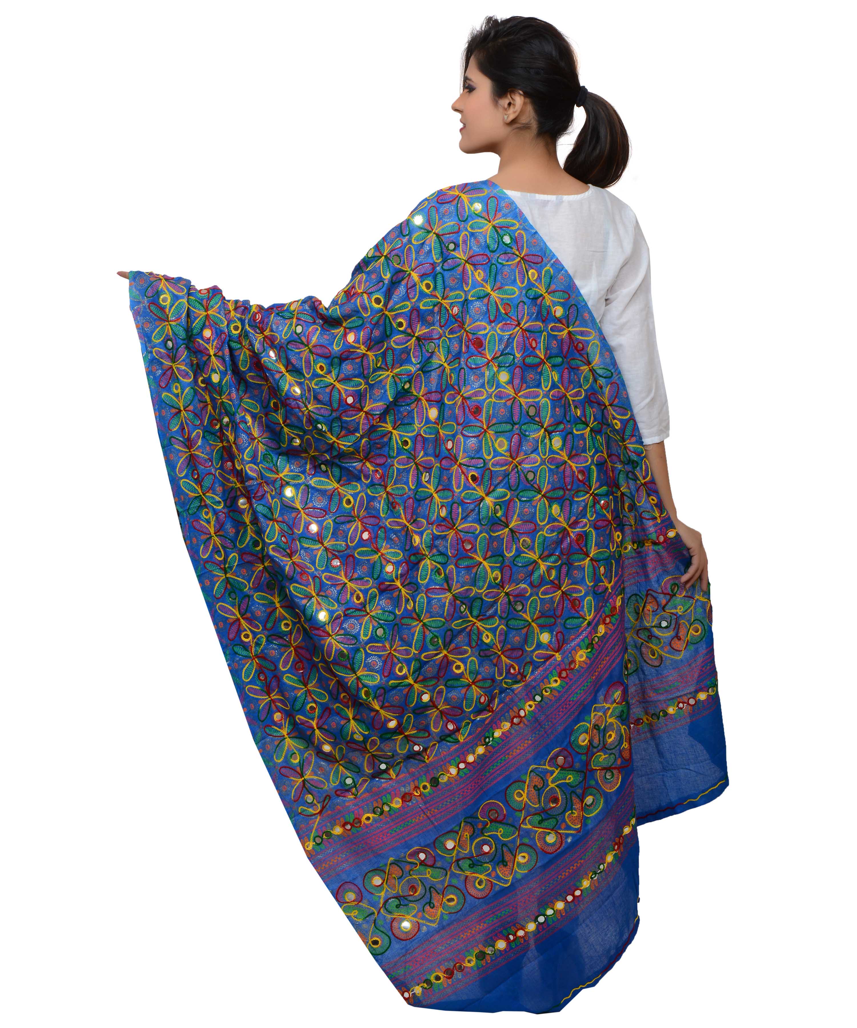 Banjara India Women's Pure Cotton Aari Embroidery & Foil Mirrors Dupatta (Rasna) Blue - RSN12 - Banjara India