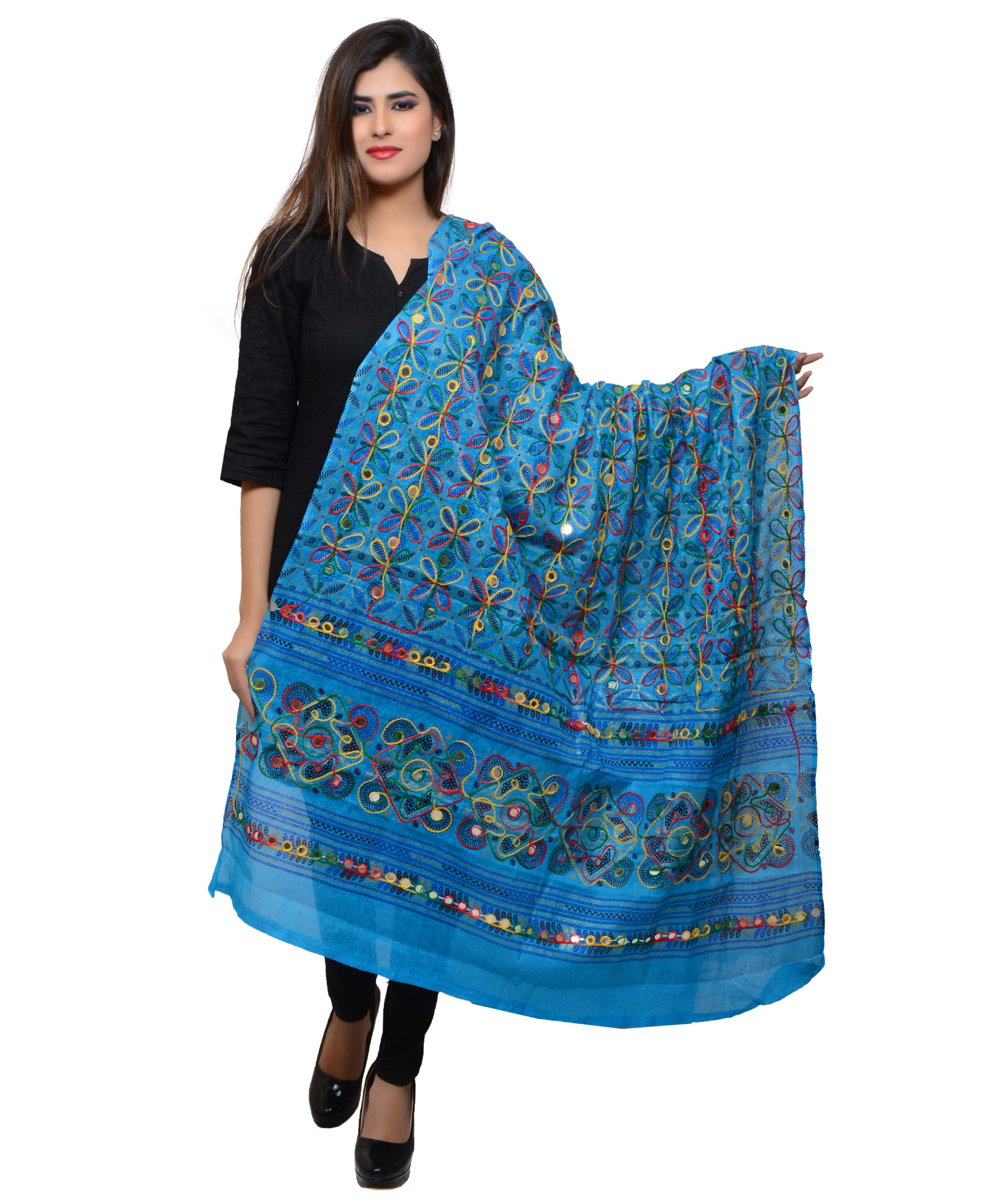 Banjara India Women's Pure Cotton Aari Embroidery & Foil Mirrors Dupatta (Rasna) Turquoise - RSN13 - Banjara India