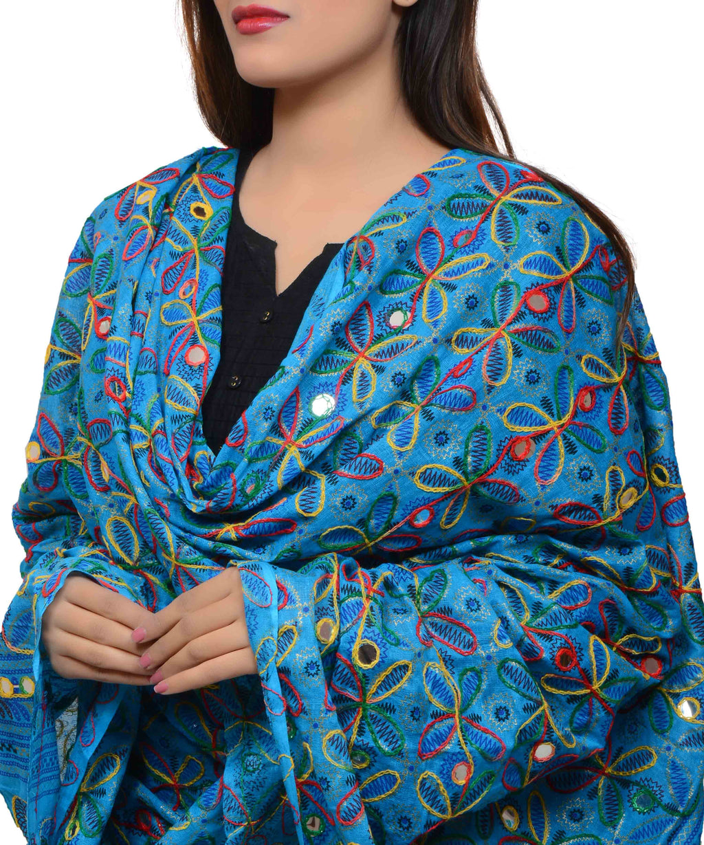 Banjara India Women's Pure Cotton Aari Embroidery & Foil Mirrors Dupatta (Rasna) Turquoise - RSN13 - Banjara India
