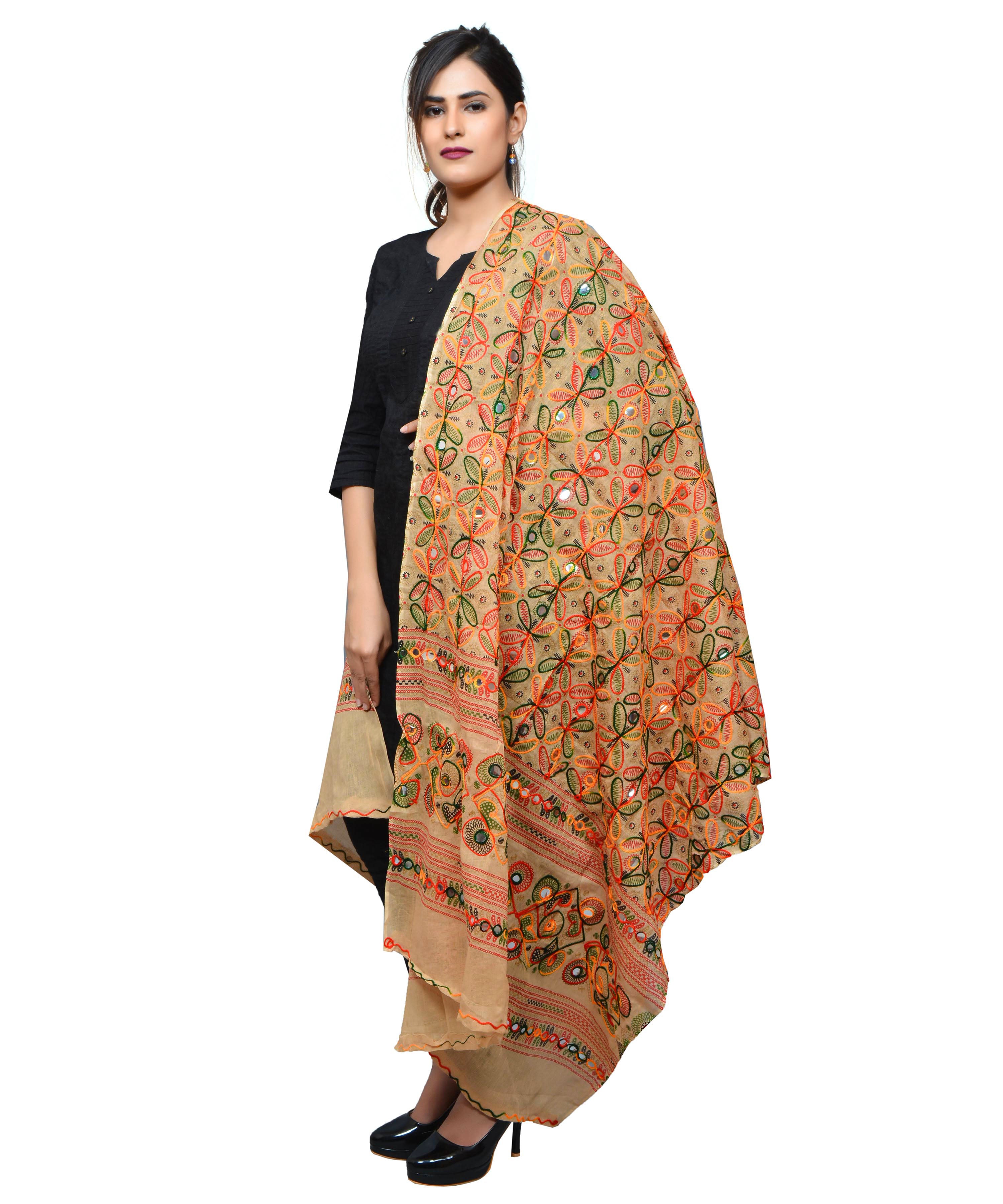 Banjara India Women's Pure Cotton Aari Embroidery & Foil Mirrors Dupatta (Rasna) Beige - RSN14 - Banjara India